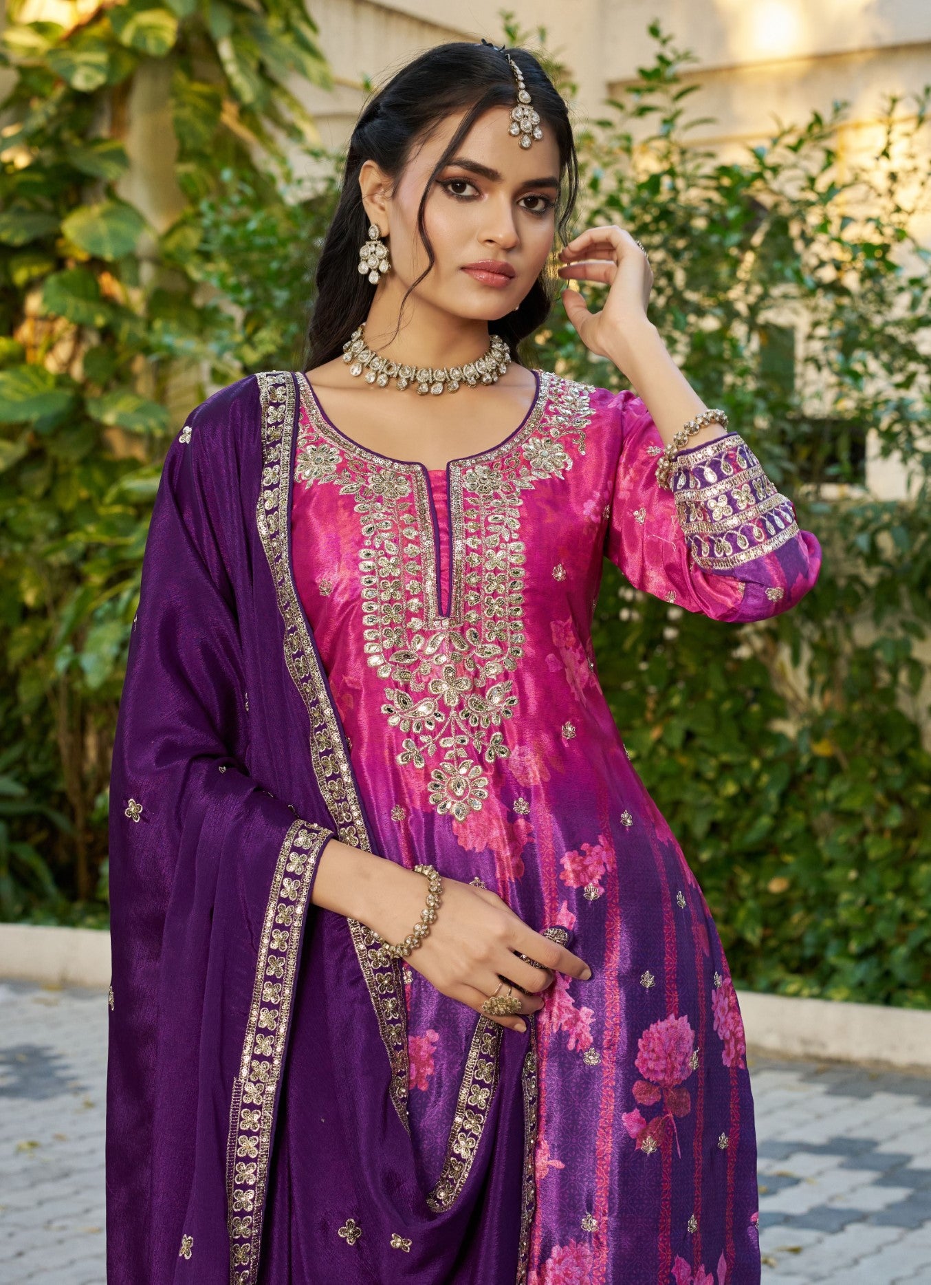 Pink & Purple Chinon Designer Suit Set With Embroidered Elegance