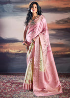 Pink and Cream Saree With Jacquard Woven Work With Digital Print