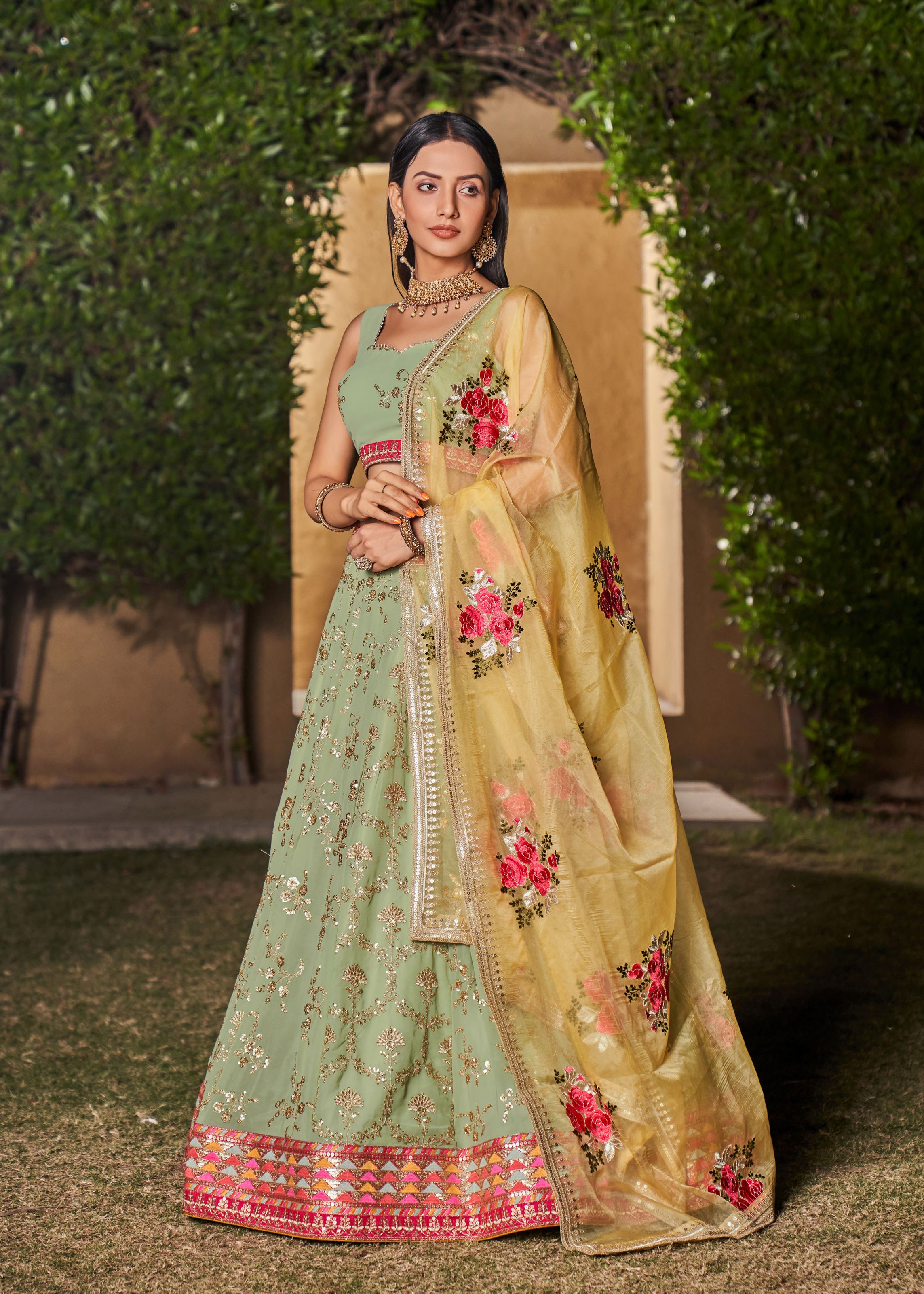 Pista-Yellow Lehenga Choli With Sequins, Zari, Thread And Dori Work Embroidery With Digital Print