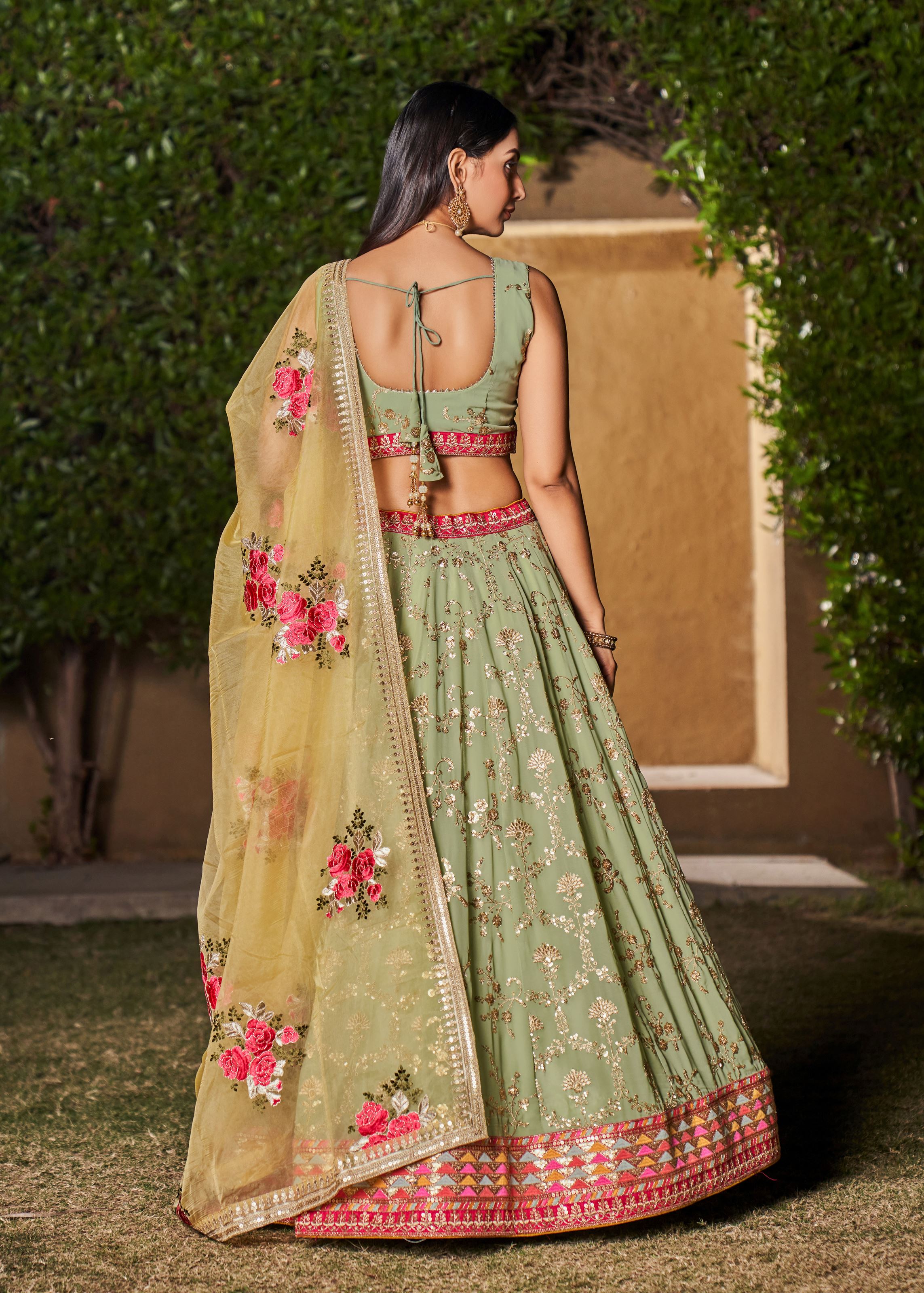 Pista-Yellow Lehenga Choli With Sequins, Zari, Thread And Dori Work Embroidery With Digital Print