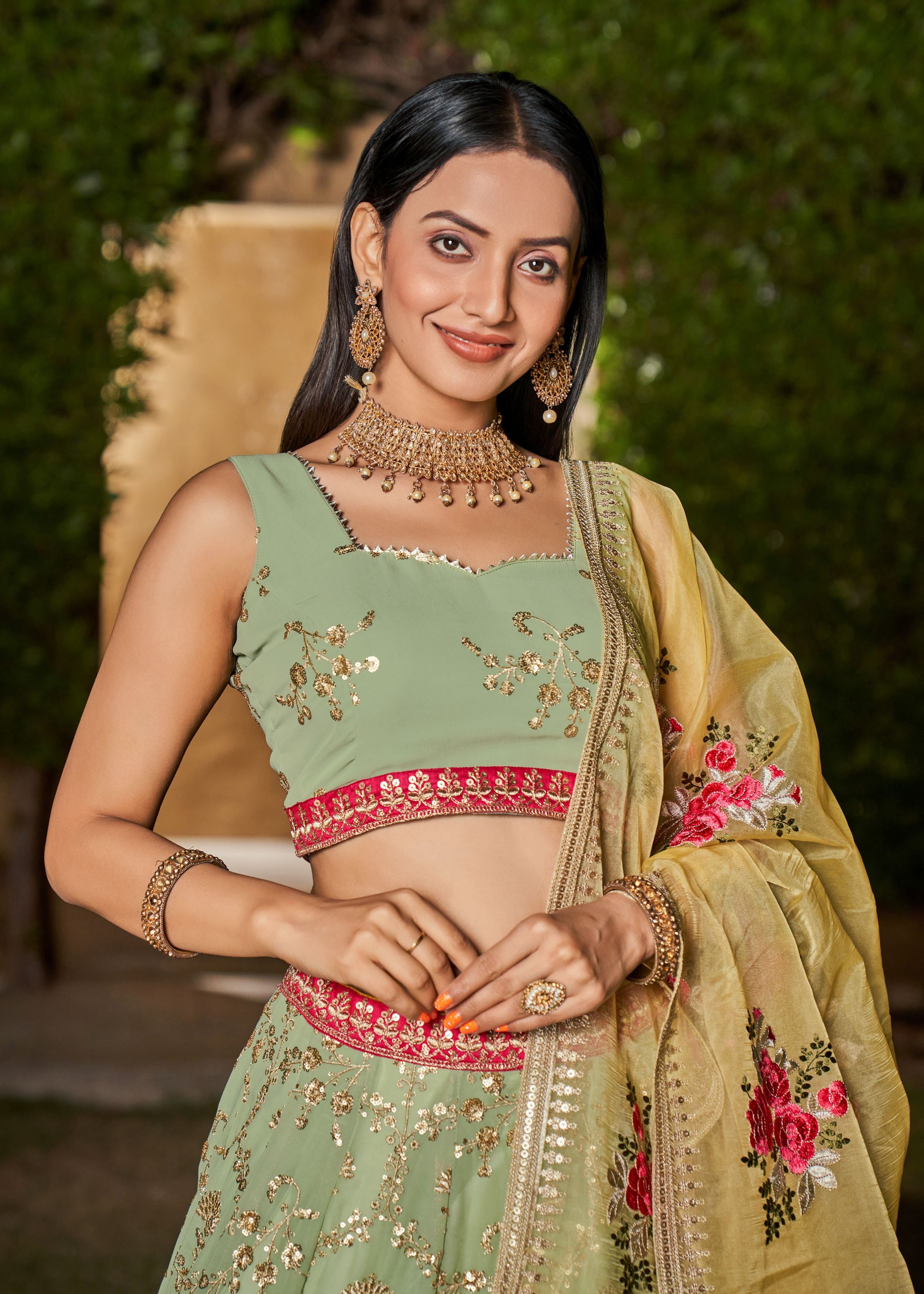 Pista-Yellow Lehenga Choli With Sequins, Zari, Thread And Dori Work Embroidery With Digital Print
