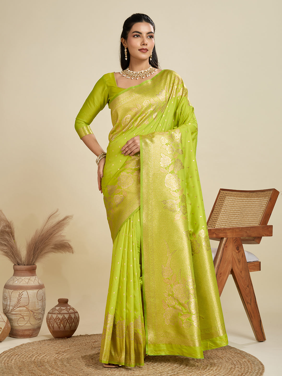 Pista Banarasi Silk Saree with Butti and Floral Border