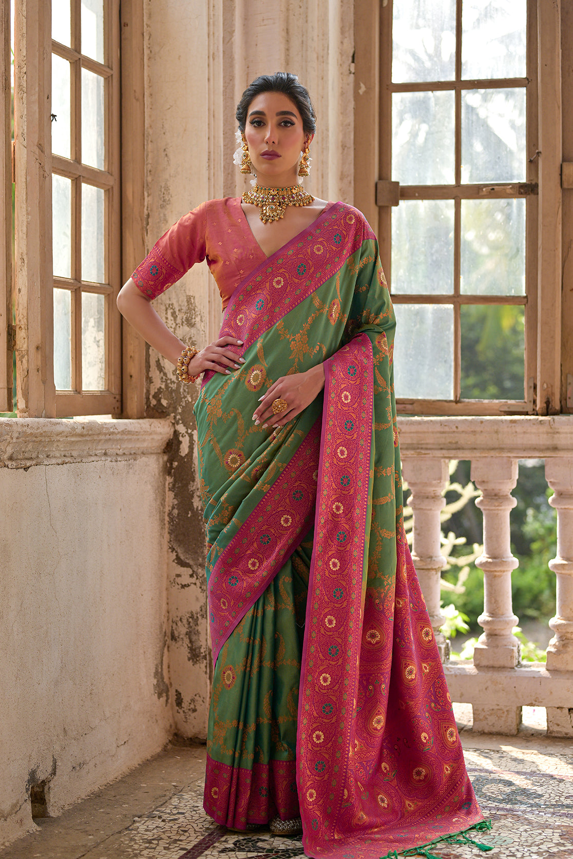 Pista Banarasi Silk Saree with Floral Jal and Contrast Pallu
