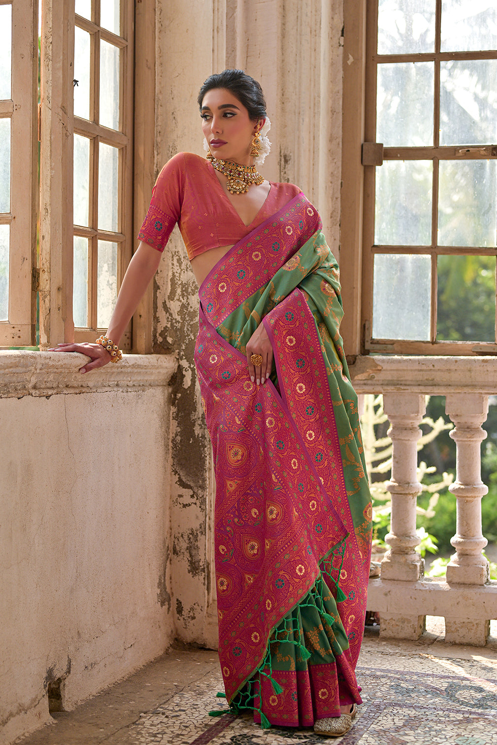 Pista Banarasi Silk Saree with Floral Jal and Contrast Pallu