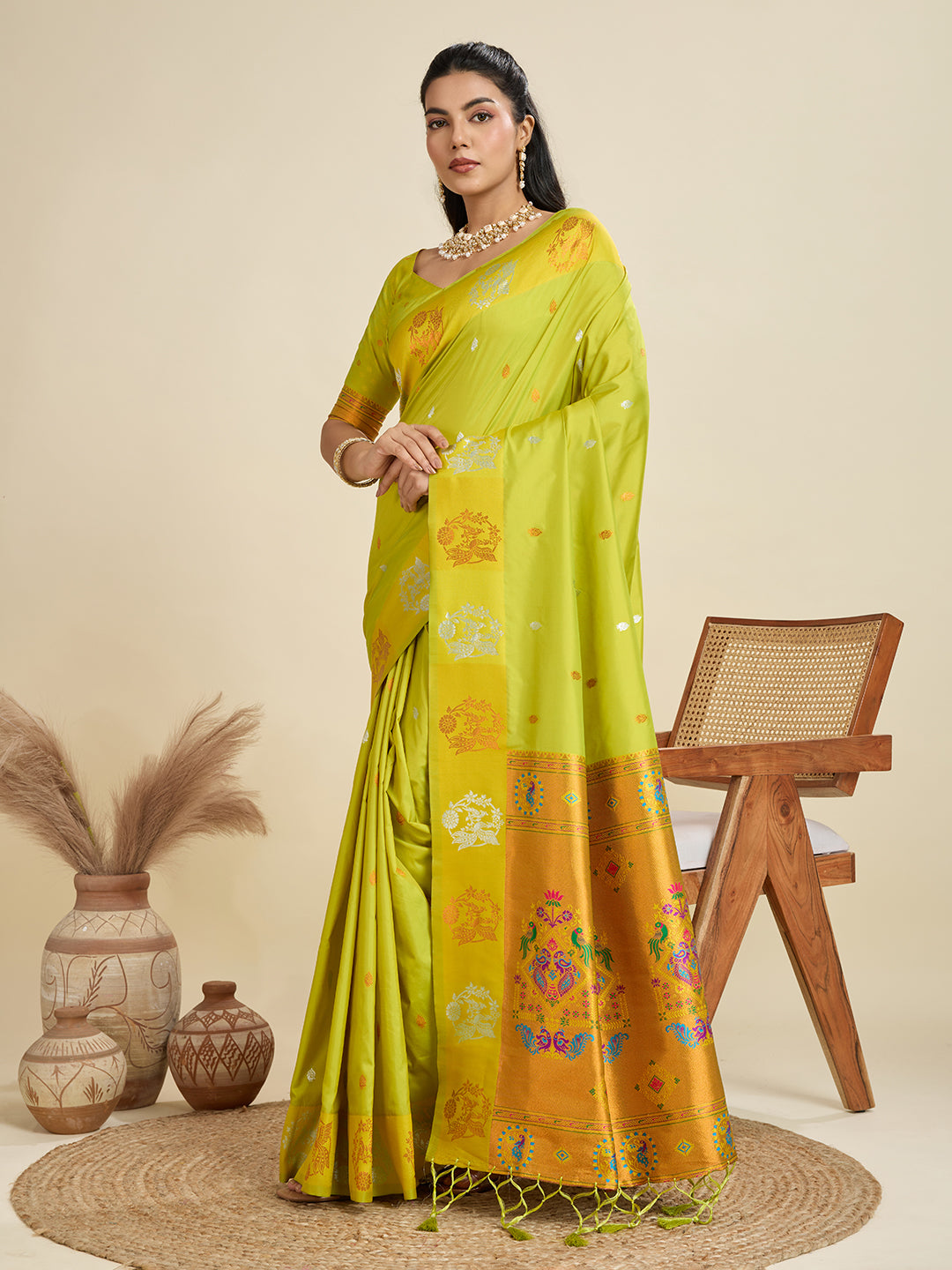 Pista Banarasi Silk Saree with Silver Butti and Paithani Pallu