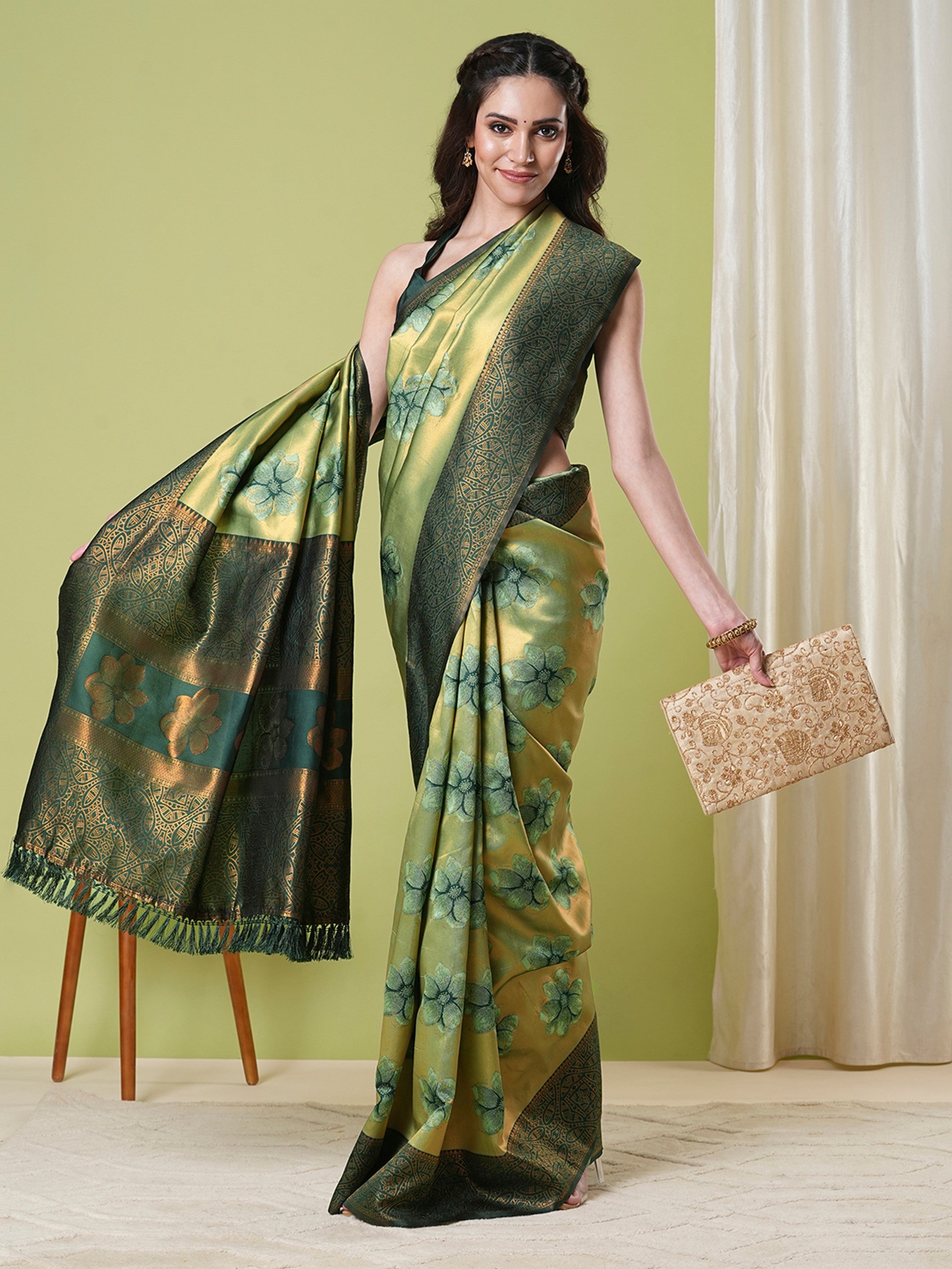 Pista Banarasi Silk Woven Jacquard Designer Partywear Saree
