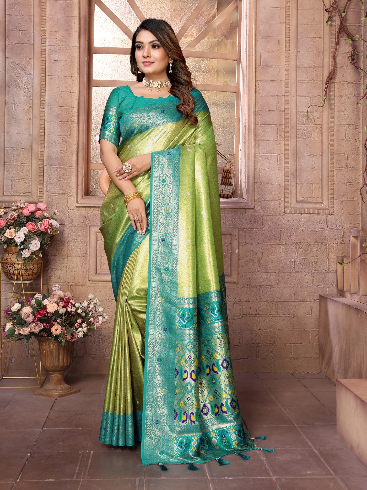 Pista Banarasi Tissue Silk Saree With Traditional Weaving