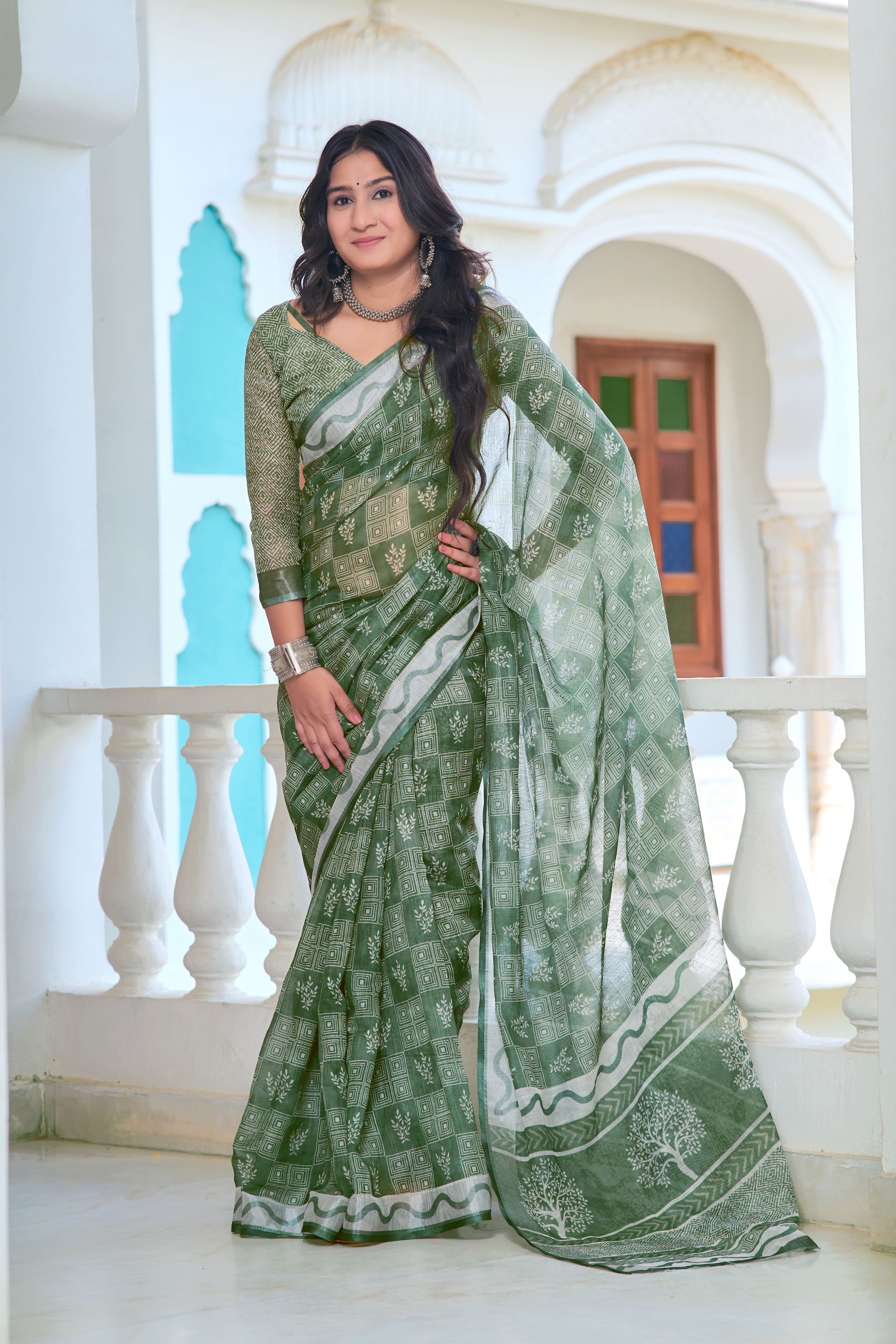 Pista Beautiful Linen Cotton Designer Festive Wear Saree