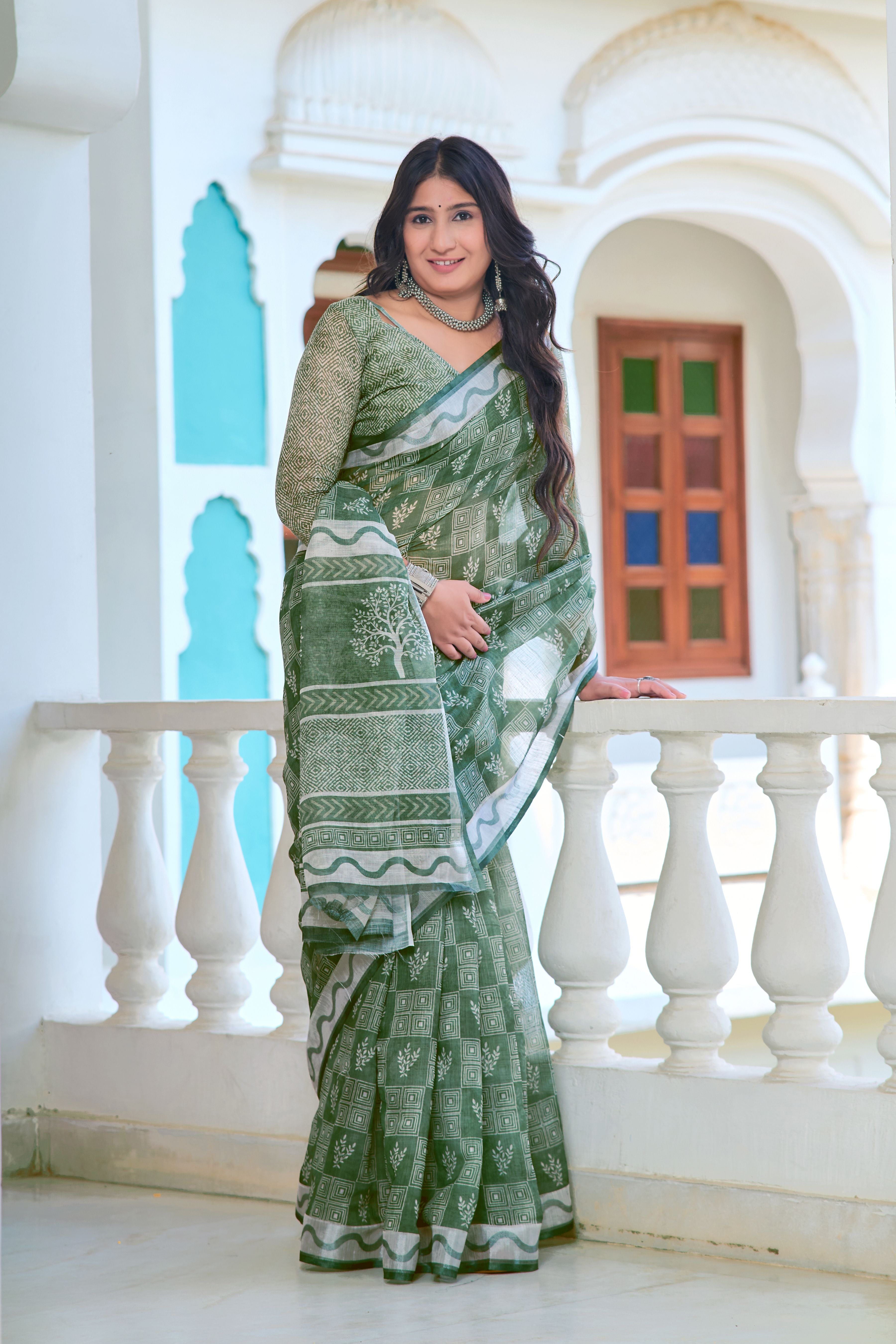 Pista Beautiful Linen Cotton Designer Festive Wear Saree
