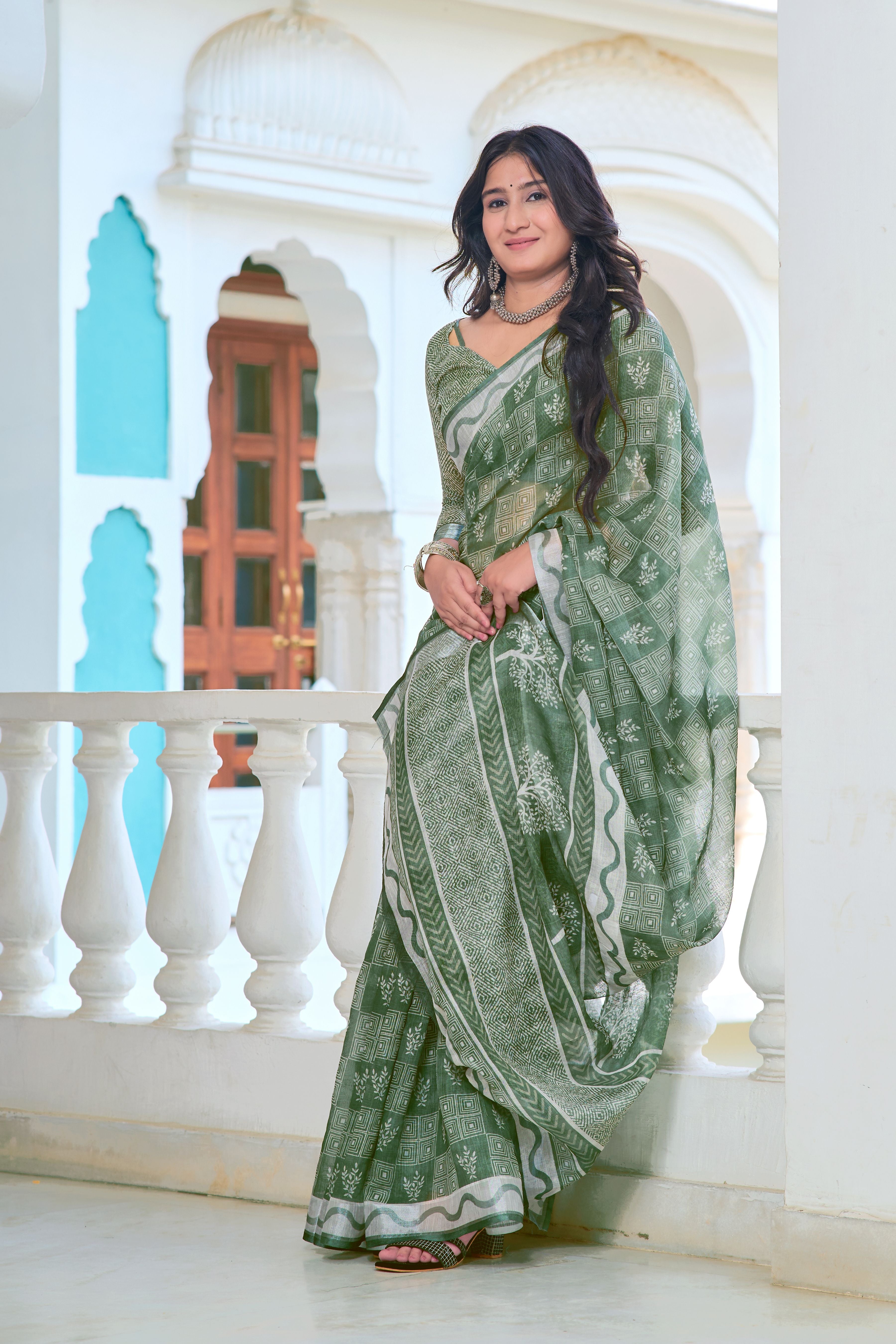 Pista Beautiful Linen Cotton Designer Festive Wear Saree