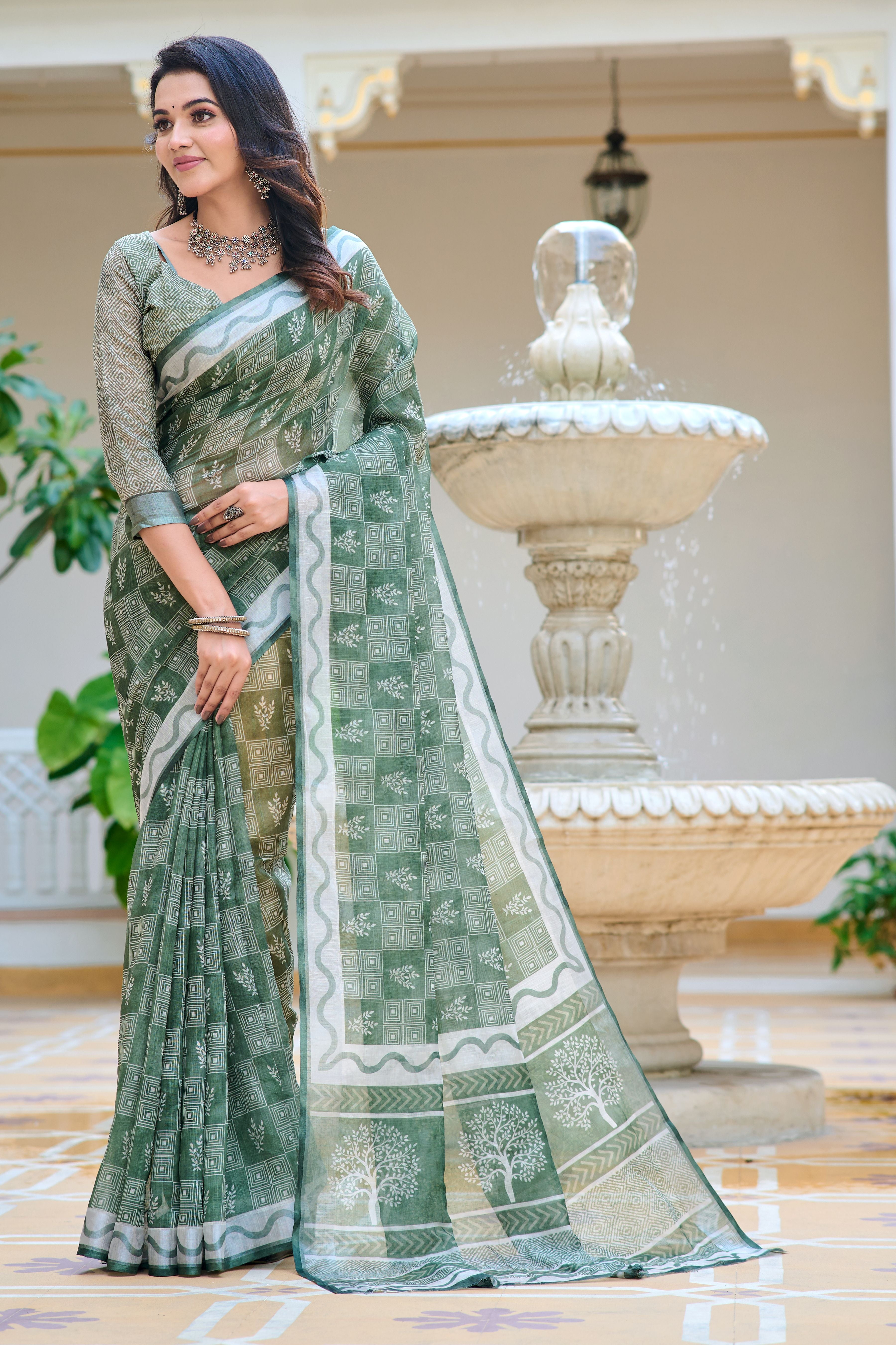 Pista Beautiful Linen Cotton Designer Festive Wear Saree