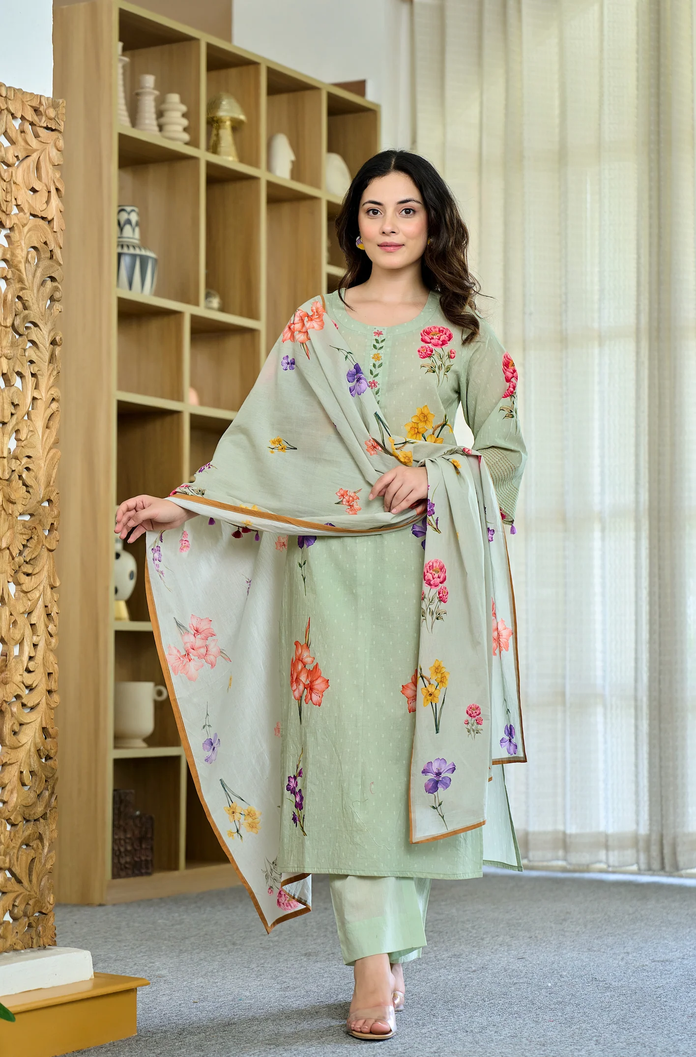 Pista Chanderi Butti Kurta Pant Set  Printed