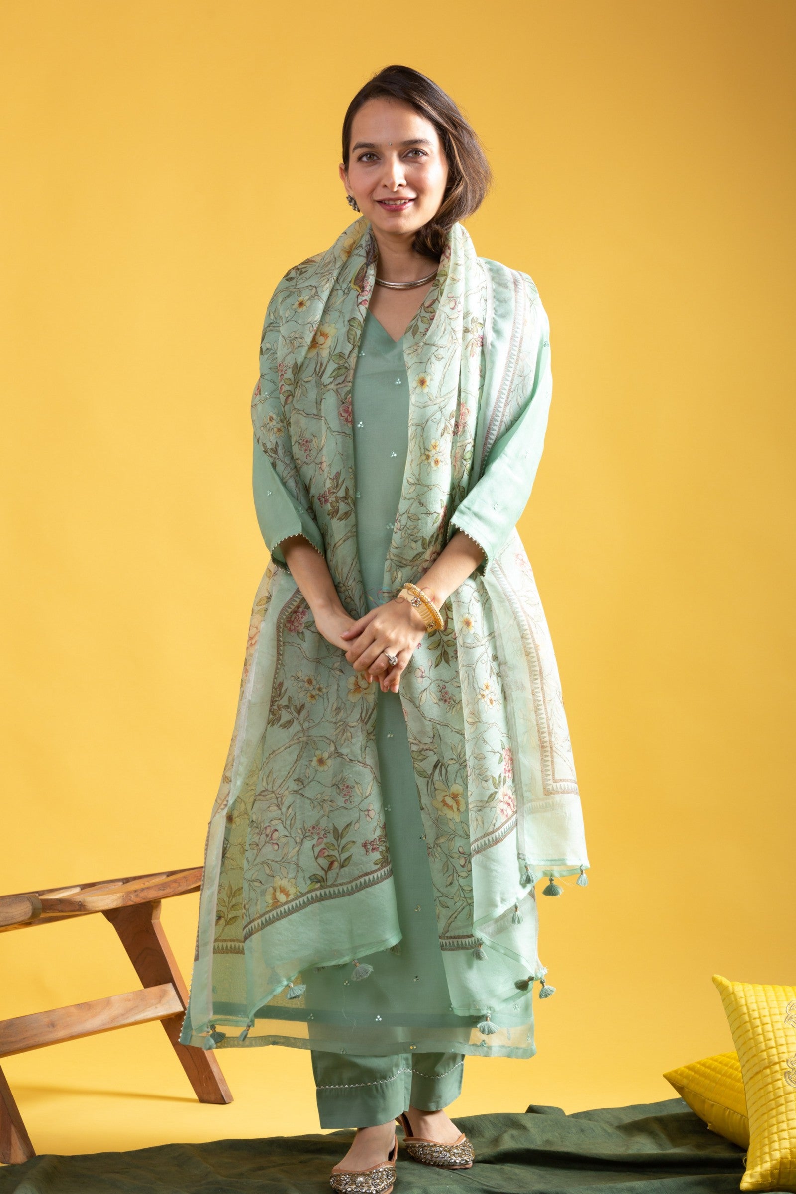 Pista Chanderi Viscose Elegant Kurta Pant Set With Embroidery Work