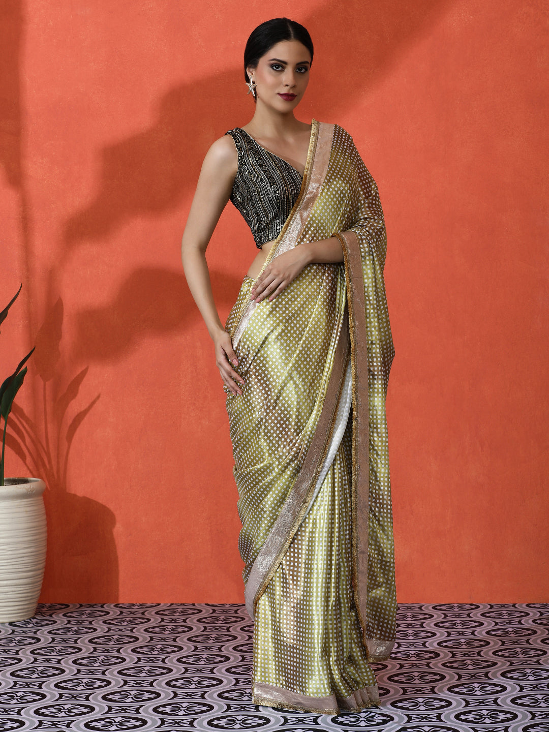 Pista Chinon Designer Digital Printed Saree For Ceremonial Looks