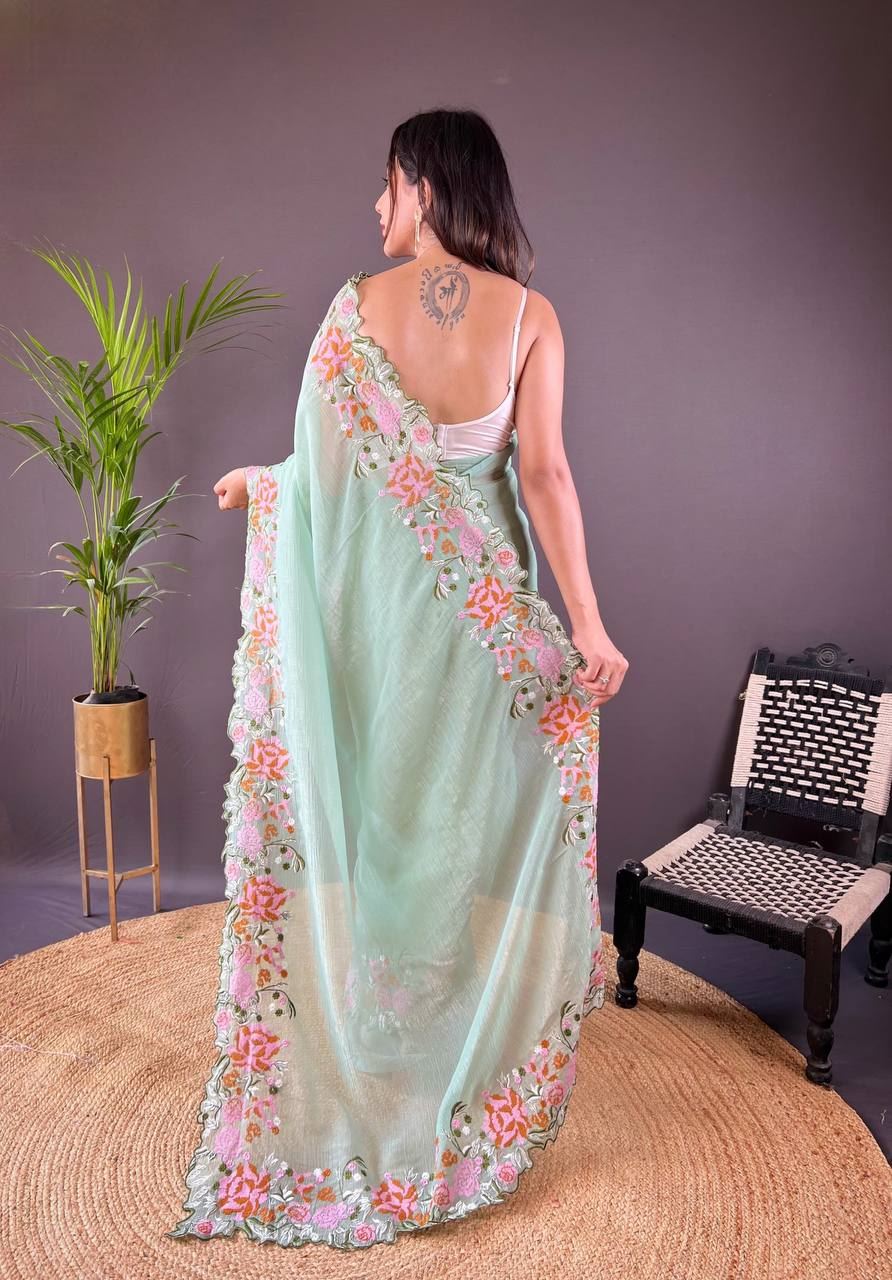 Pista Colour Soft Glossy Silk Heavy Embroidery Work Saree