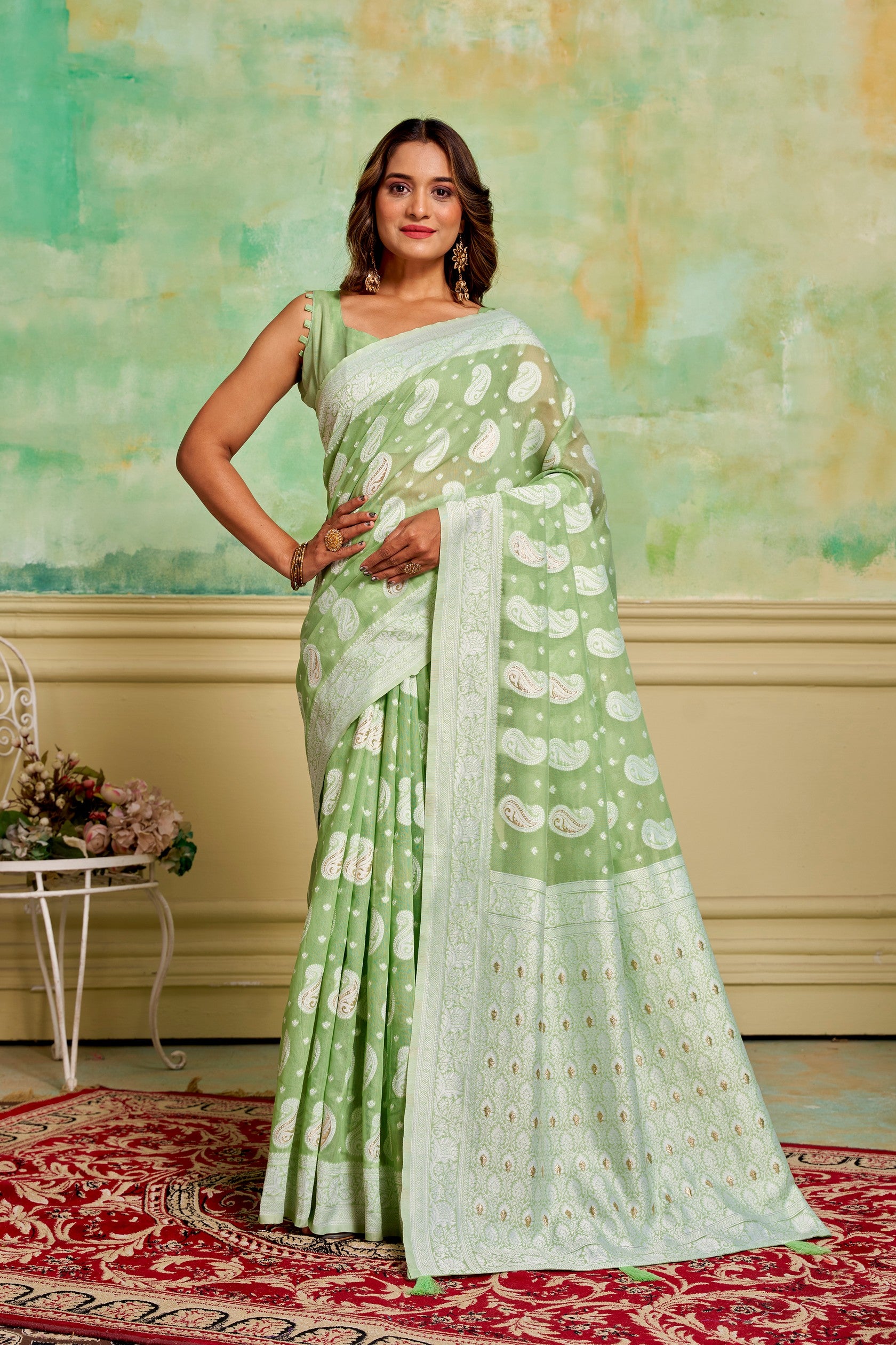 Pista Cotton Fabric Woven Designer Ethnic Festive Wear Saree