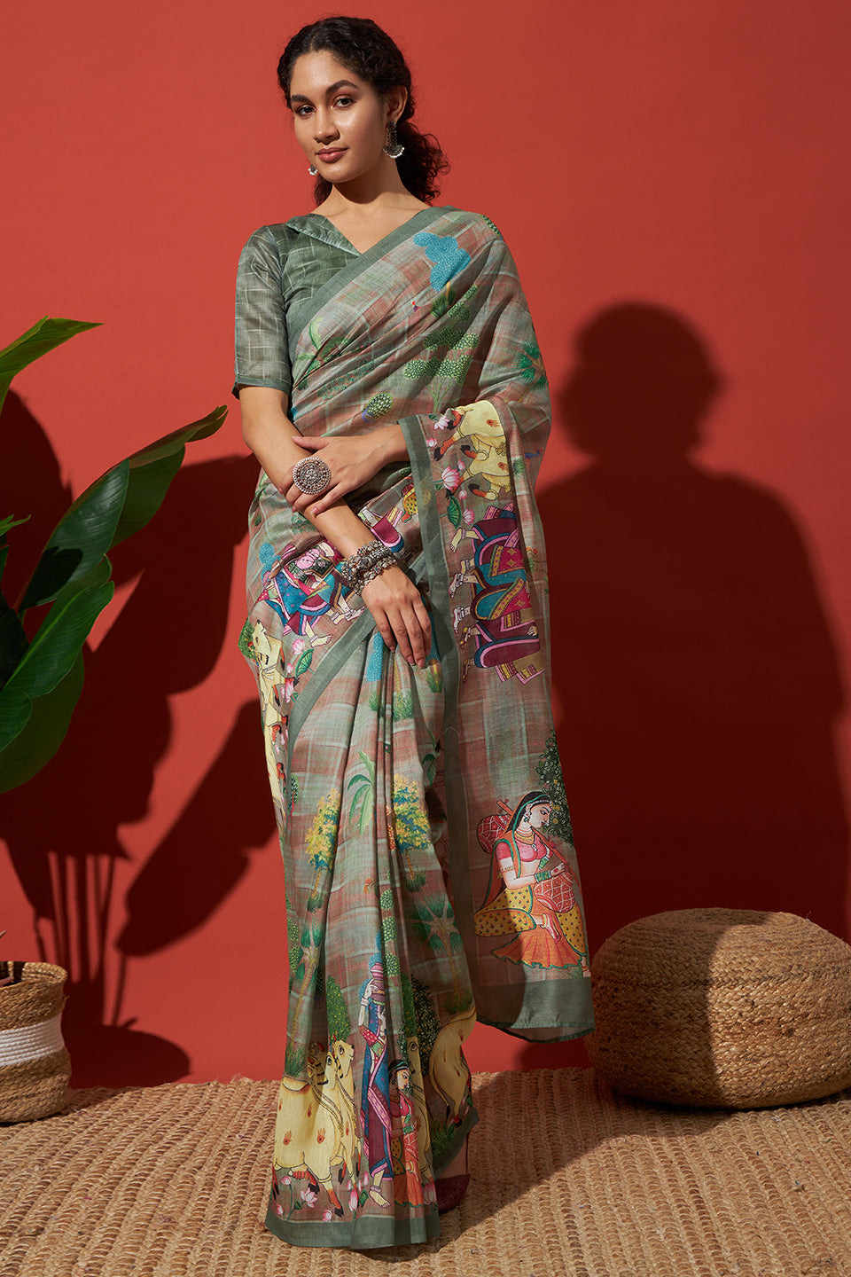 Pista Cotton Silk Designer Digital Printed Ethnic Ceremonial Saree