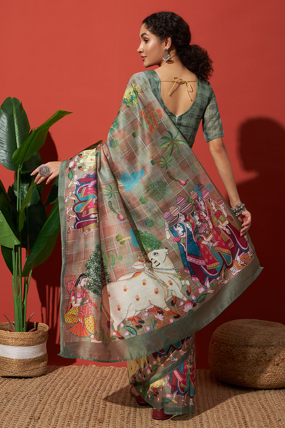 Pista Cotton Silk Designer Digital Printed Ethnic Ceremonial Saree