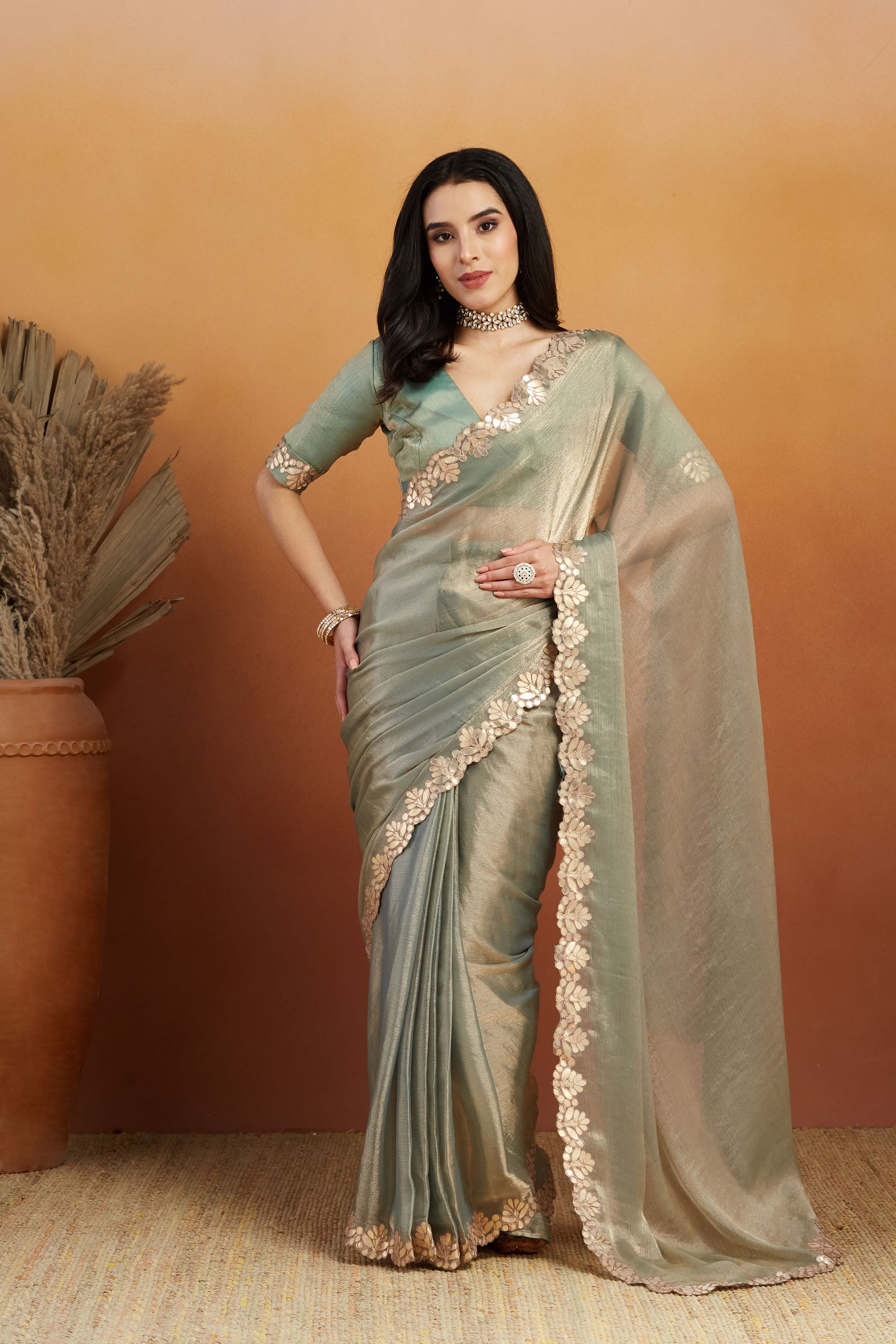 Pista Designer Fancy Ready To Wear Saree For Ceremonial Looks