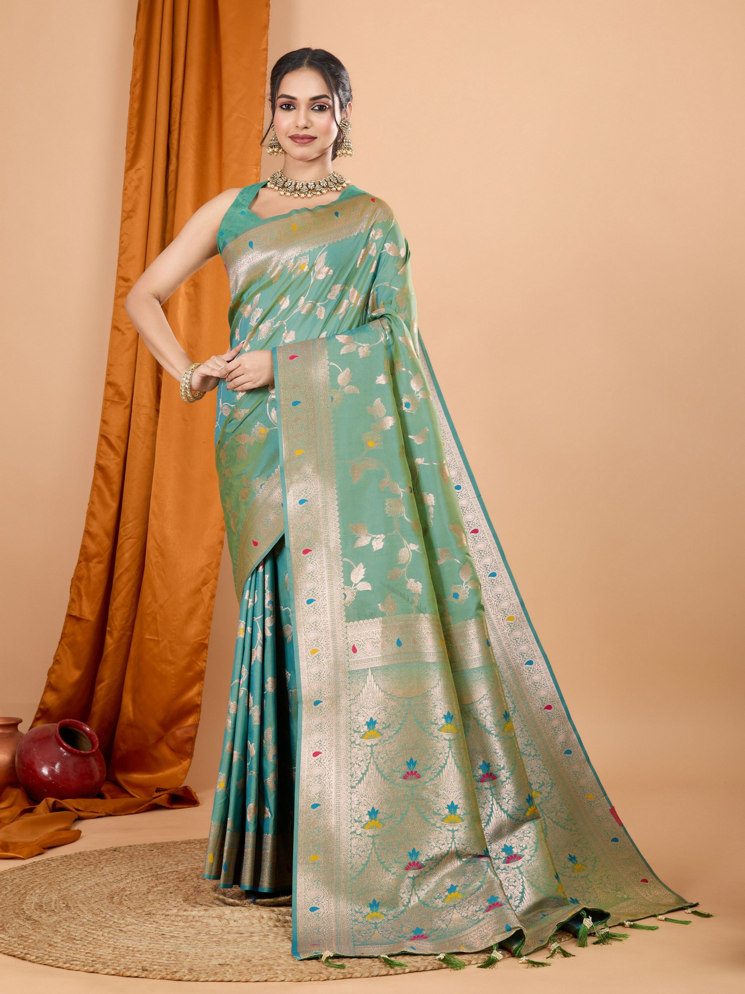 Pista Ethnic Banarasi Silk Saree With Woven Jari Designer Work