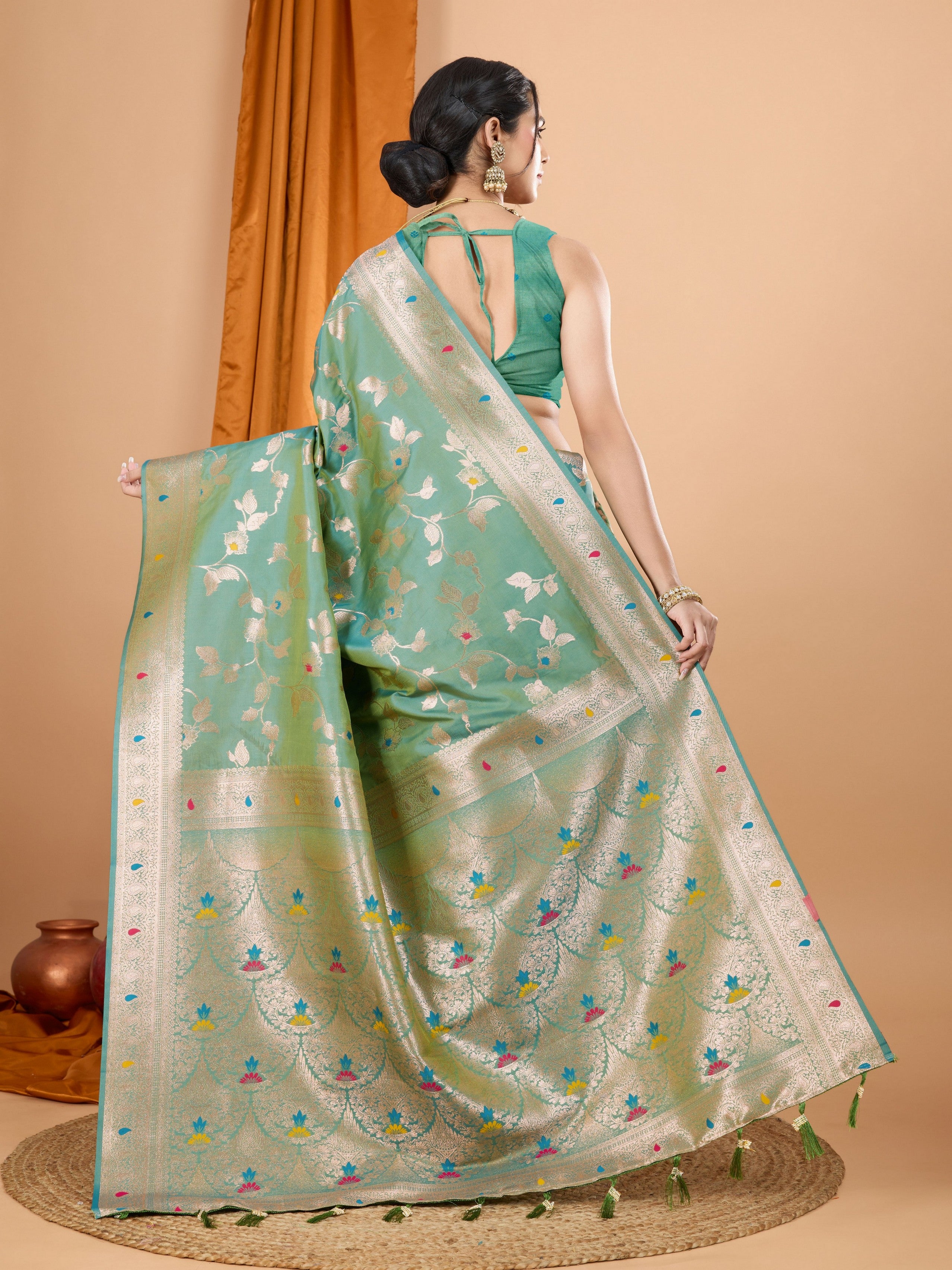 Pista Ethnic Banarasi Silk Saree With Woven Jari Designer Work