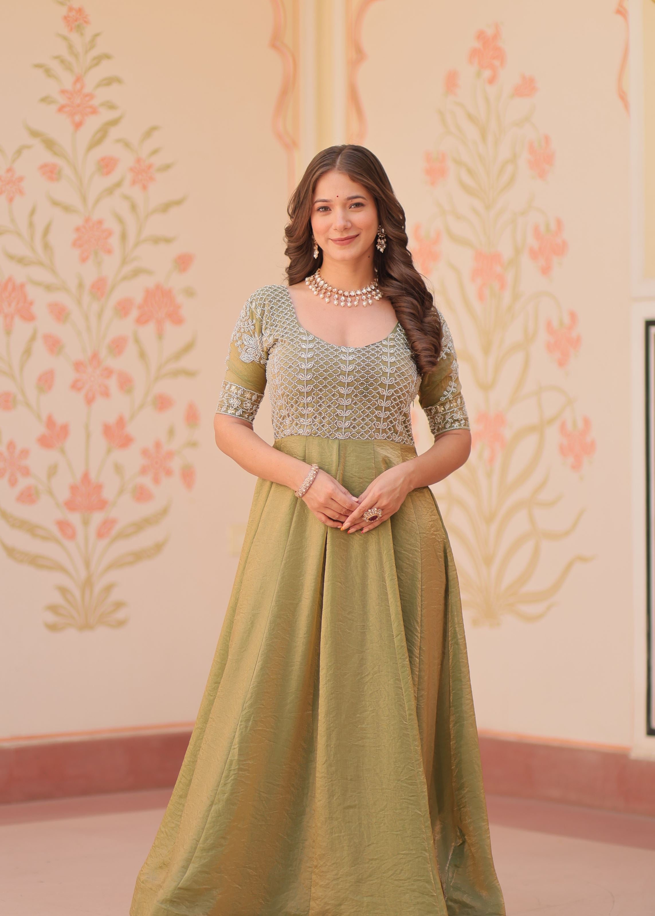 Pista Fendy Silk Gown With Beads Embroidered Work