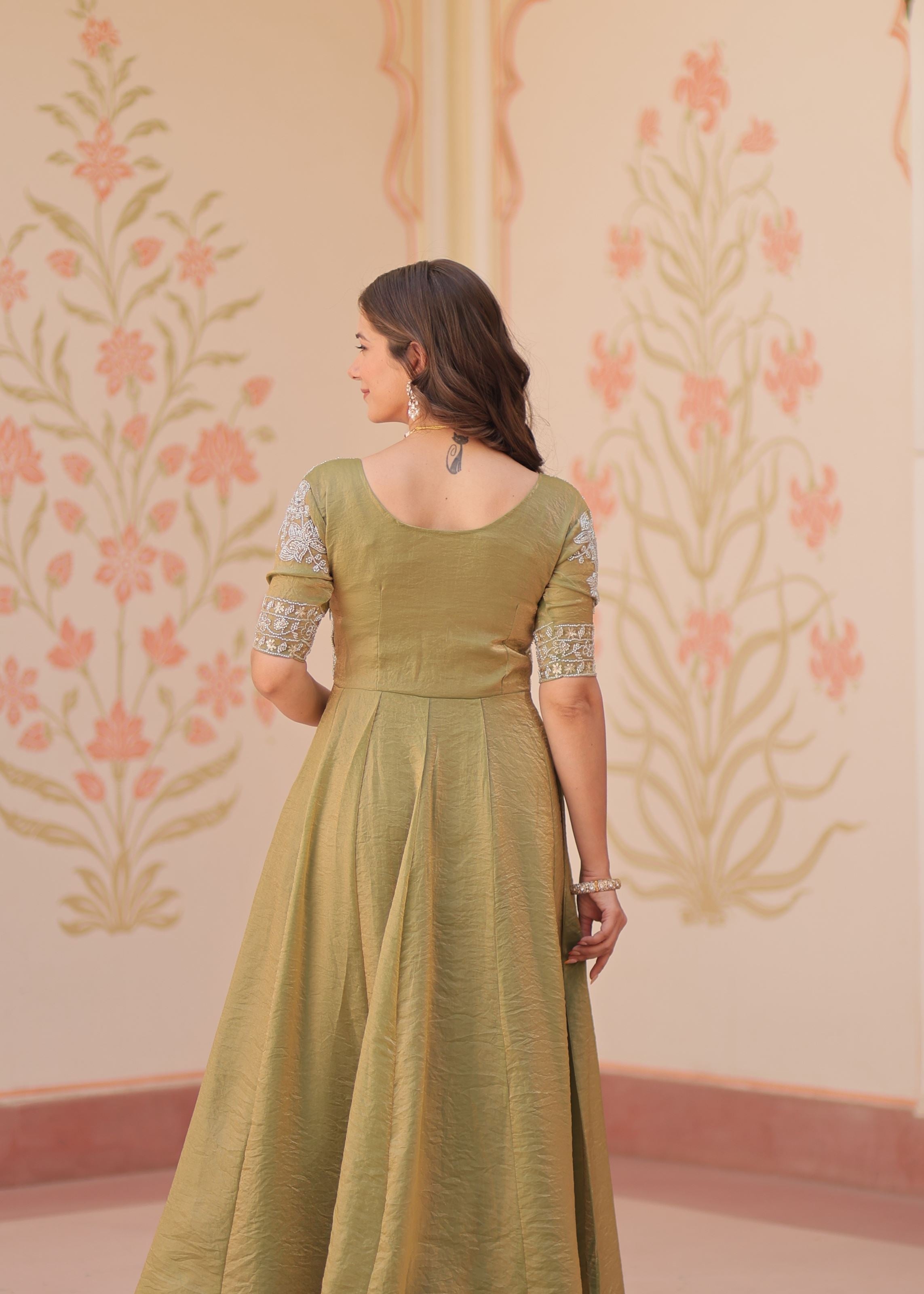 Pista Fendy Silk Gown With Beads Embroidered Work