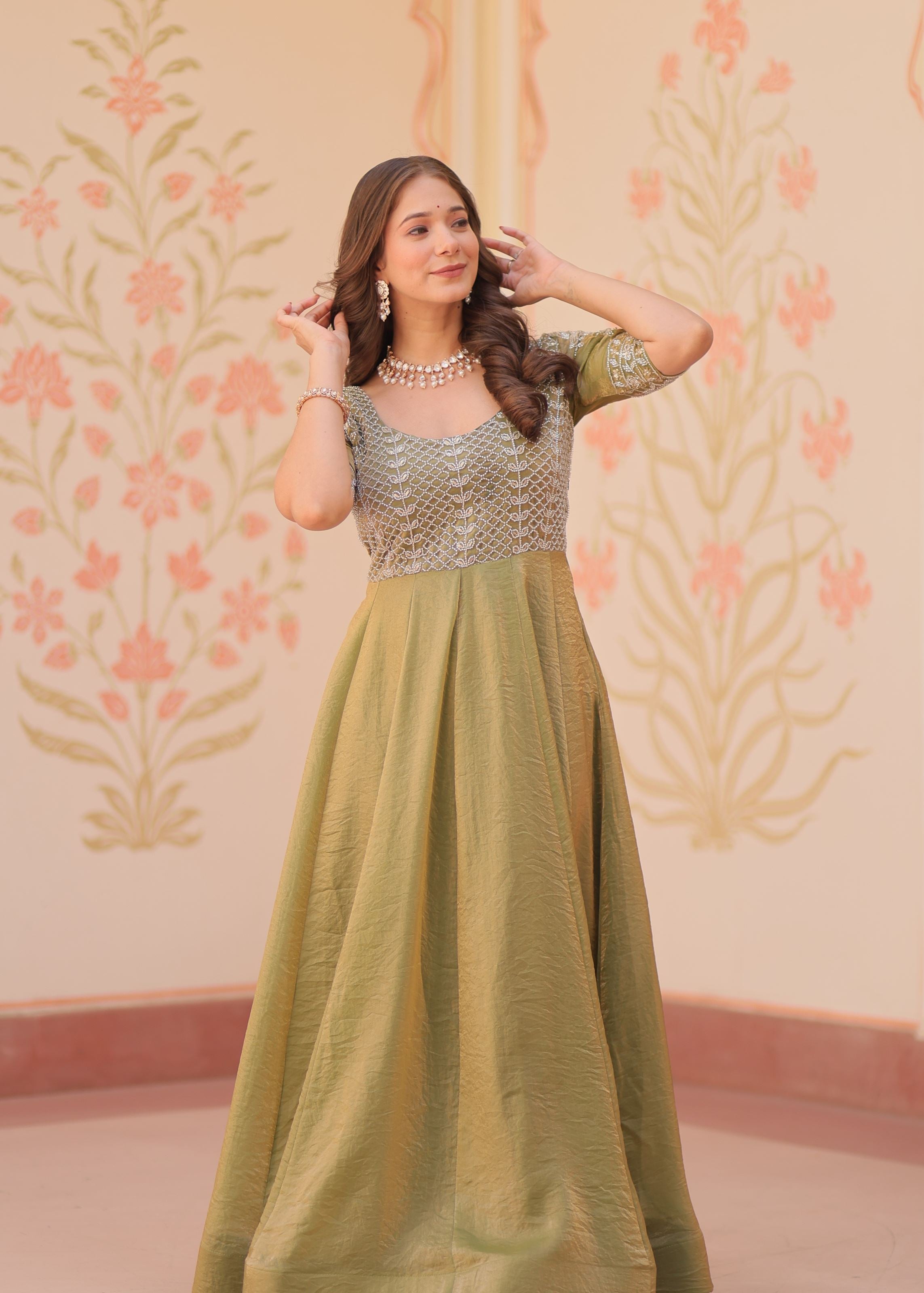 Pista Fendy Silk Gown With Beads Embroidered Work