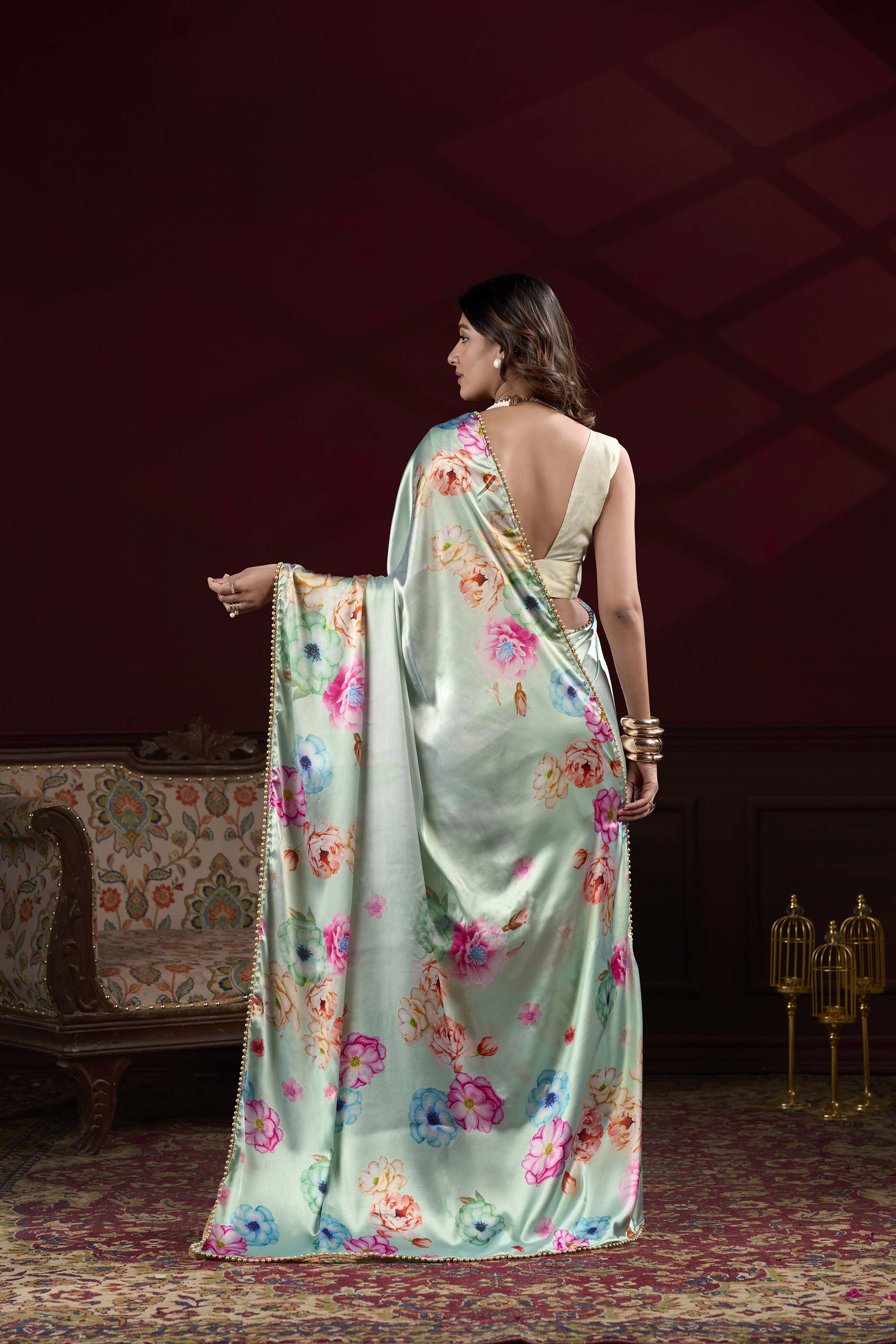 Pista Floral Printed Satin Silk Saree with Pearl Lace Border