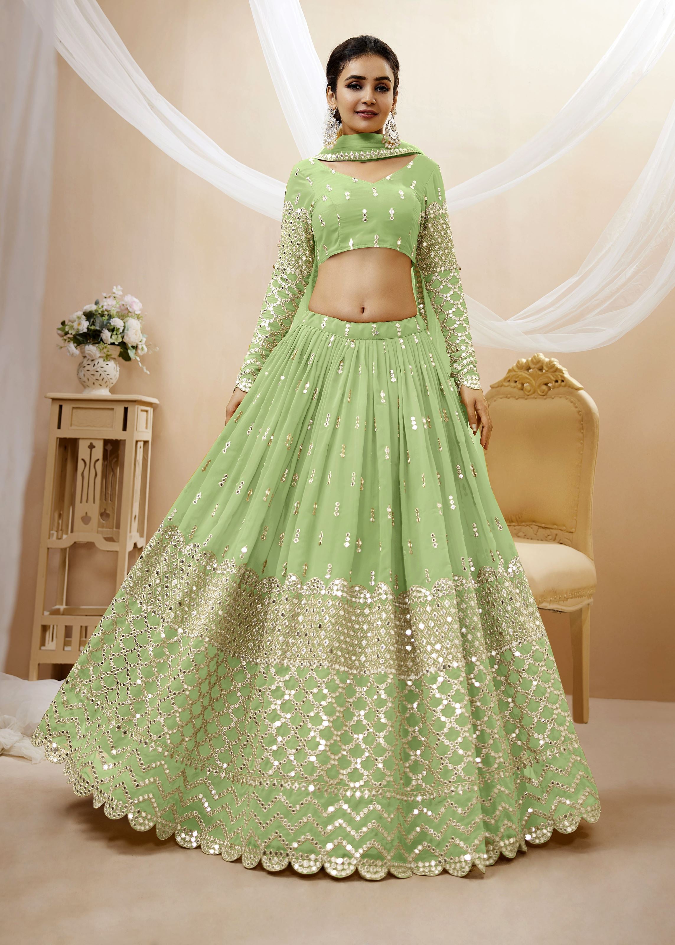 Pista Georgette Lehenga Choli With Sequins Zari Embroidered Work