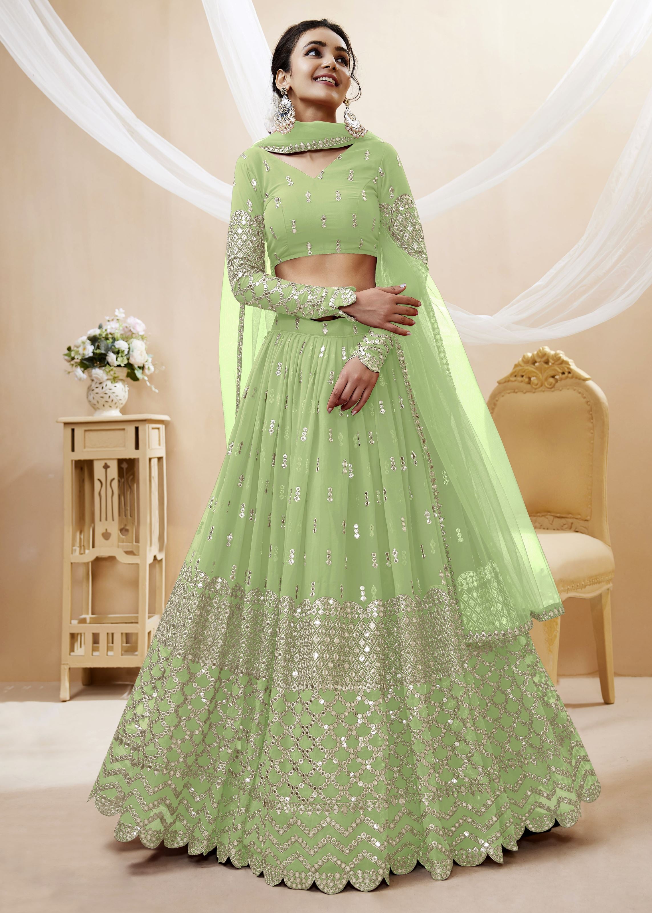Pista Georgette Lehenga Choli With Sequins Zari Embroidered Work