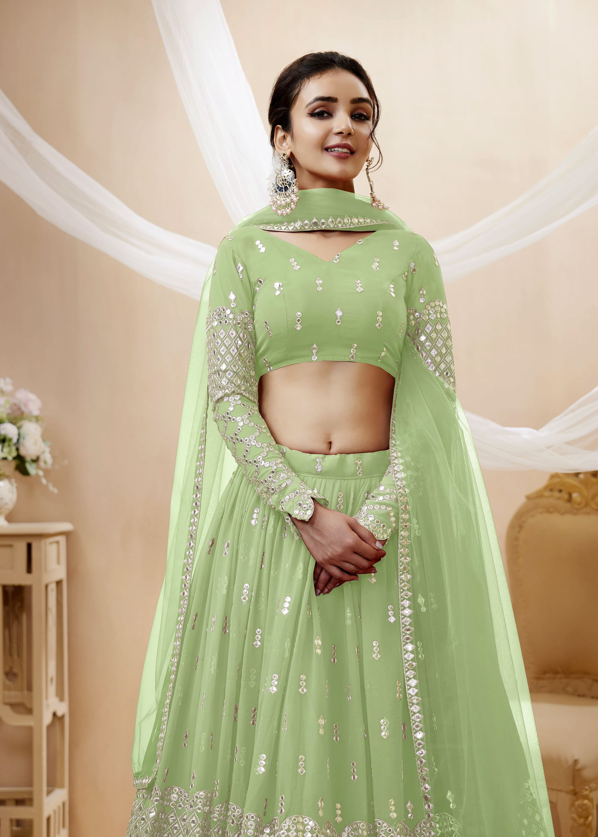 Pista Georgette Lehenga Choli With Sequins Zari Embroidered Work