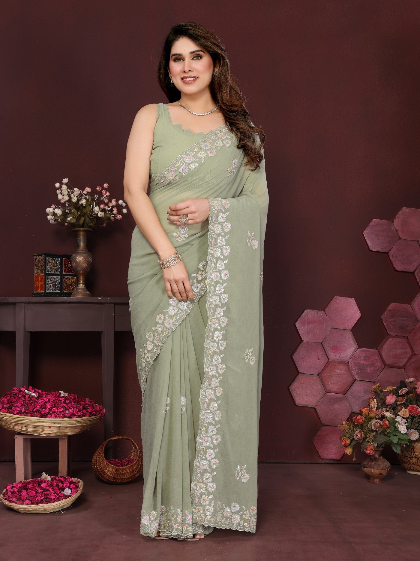 Pista Georgette Saree With Embroidery Work And Designer Blouse