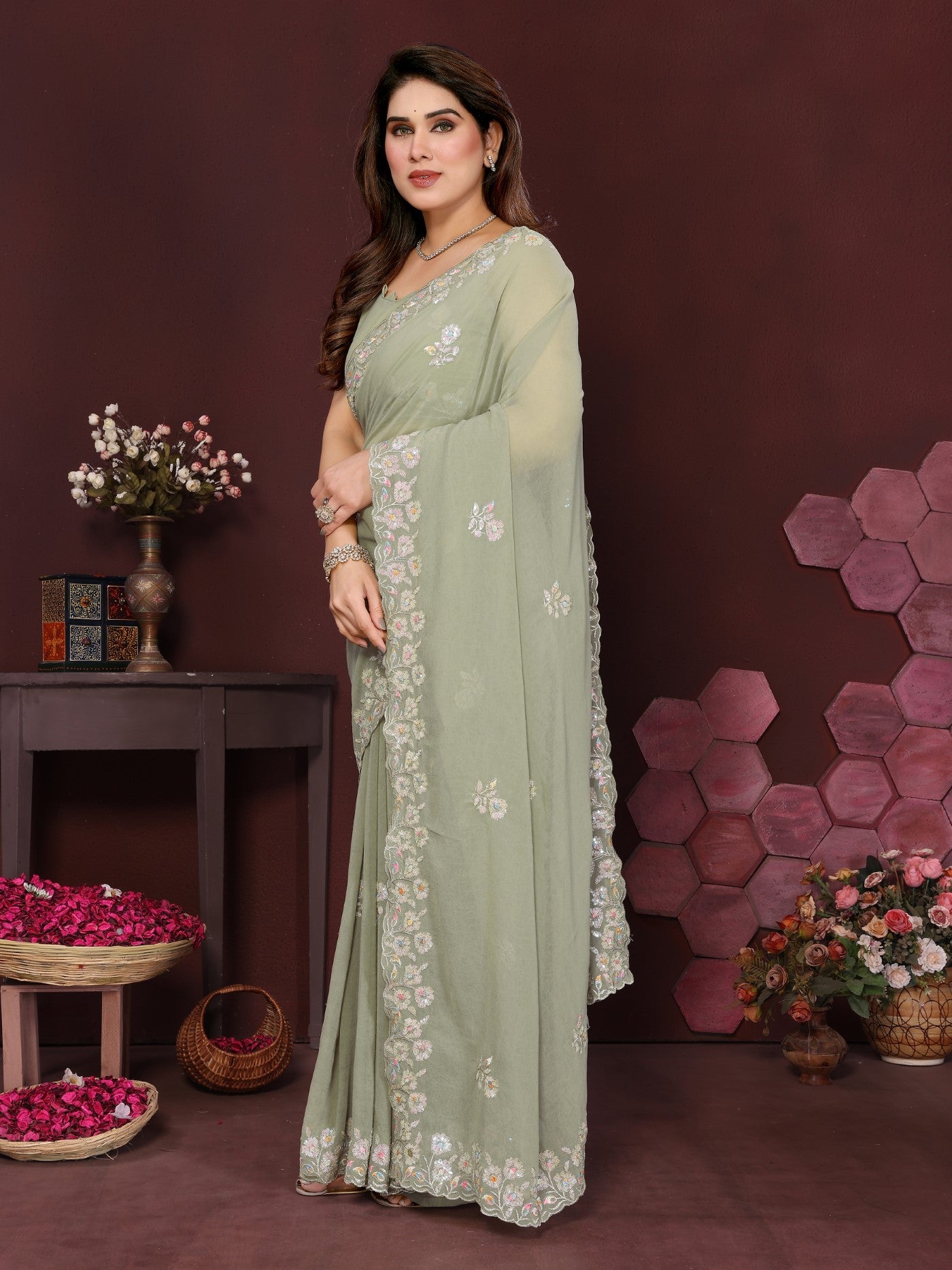 Pista Georgette Saree With Embroidery Work And Designer Blouse