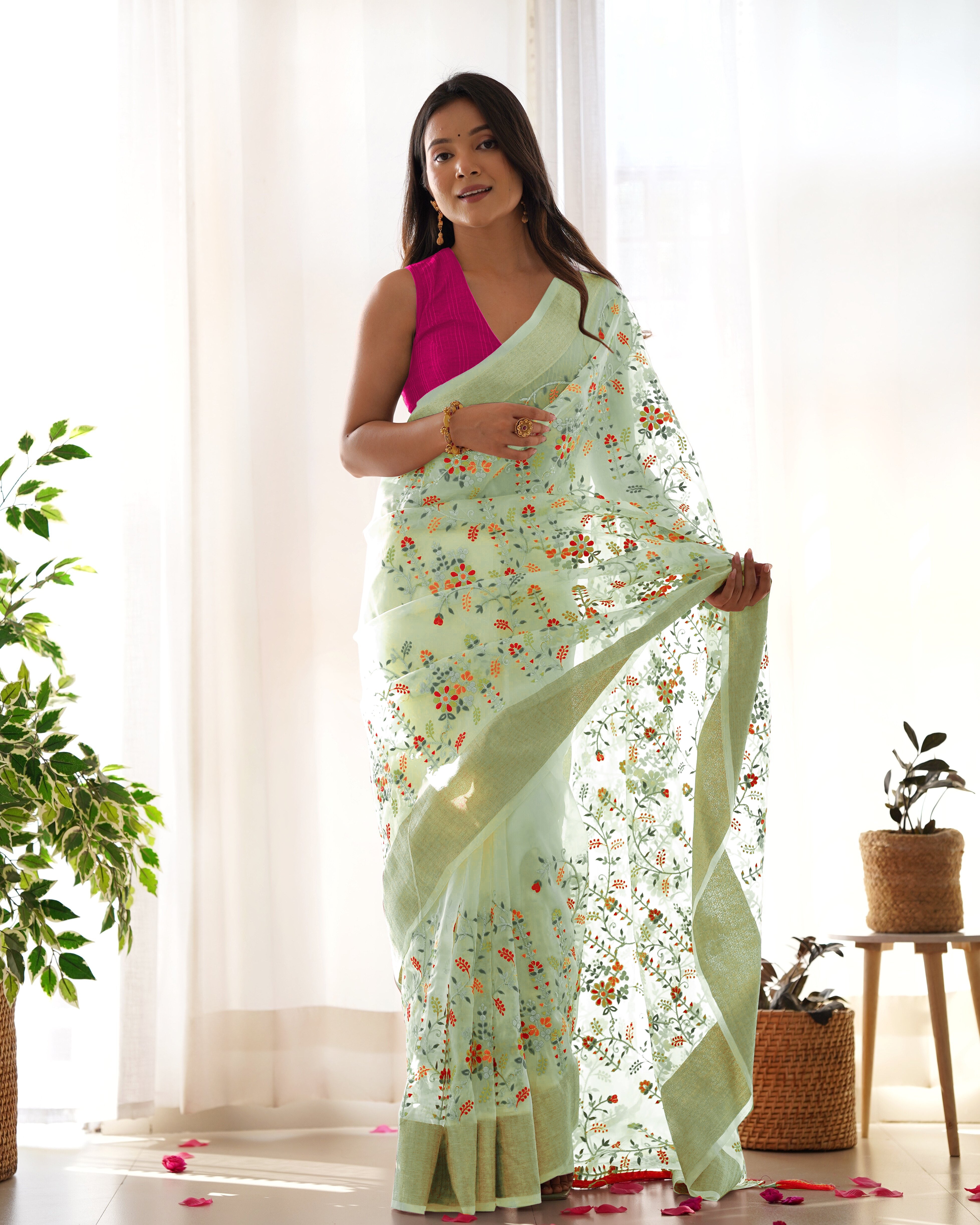 Pista Girlie Organza Saree With Beautiful Resham Embroidery Work