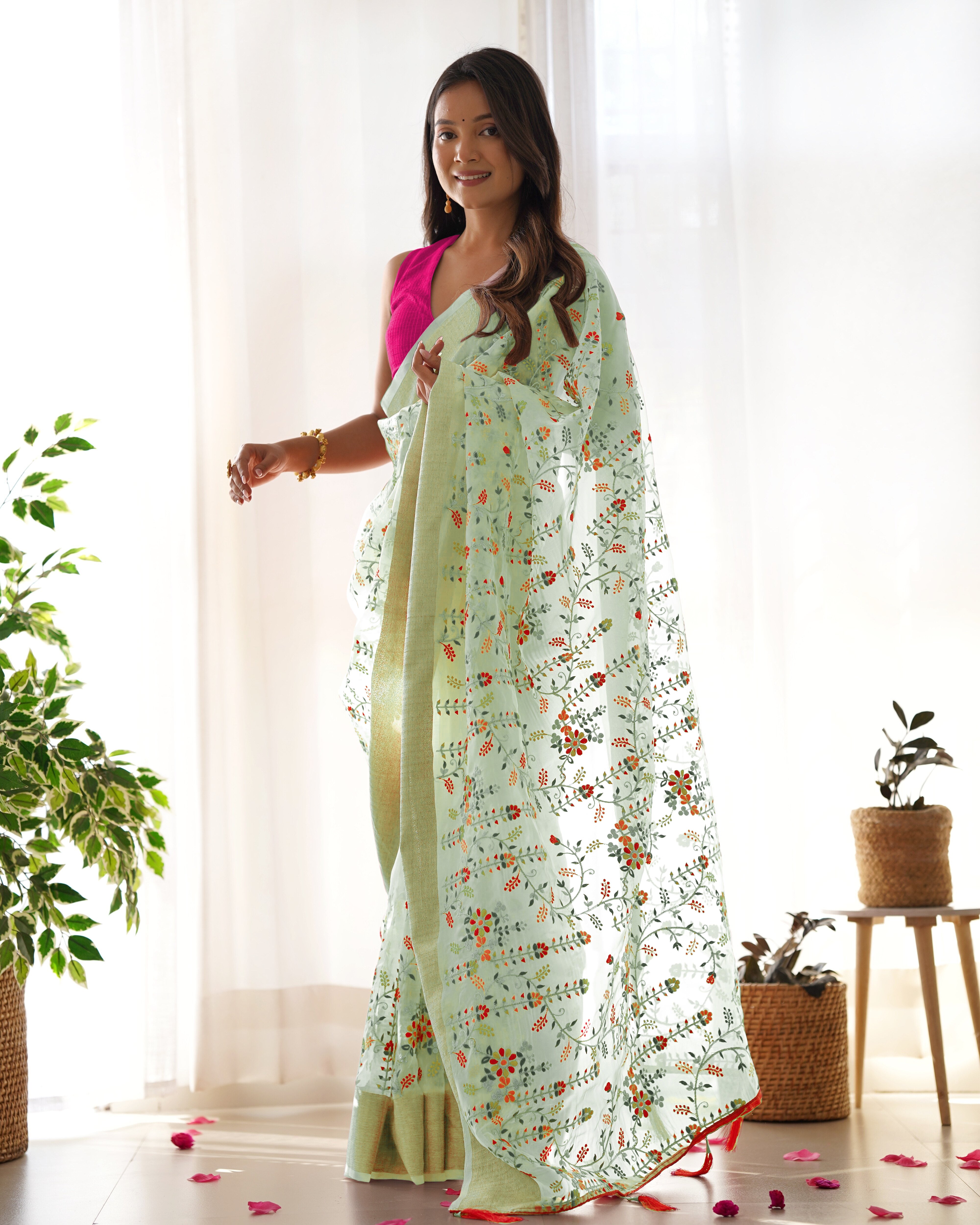 Pista Girlie Organza Saree With Beautiful Resham Embroidery Work