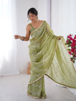 Pista Gold Crush Designer Sequins And Mofis Work Saree