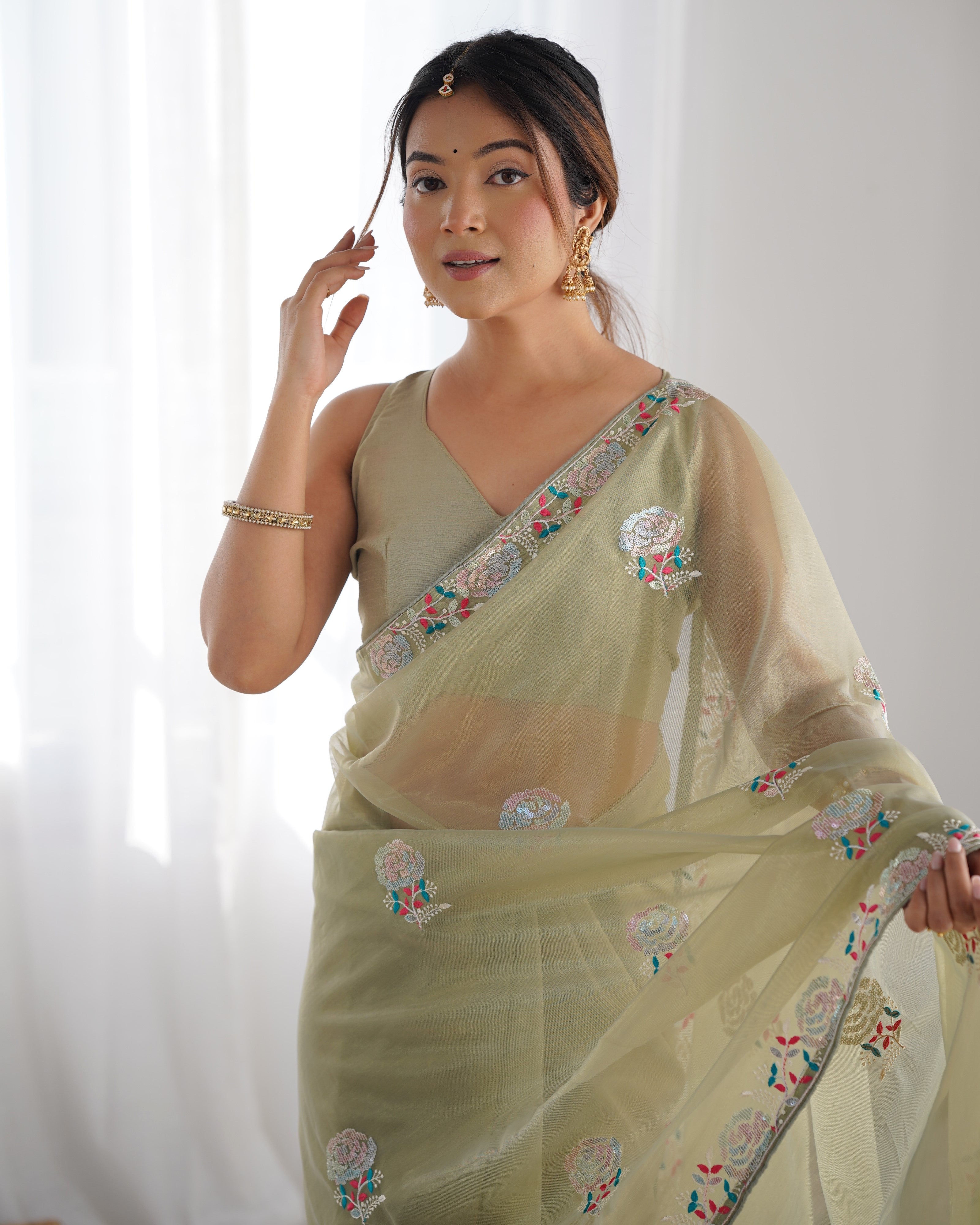 Pista Gold Twill Net Fancy Partywear Embroidered Saree