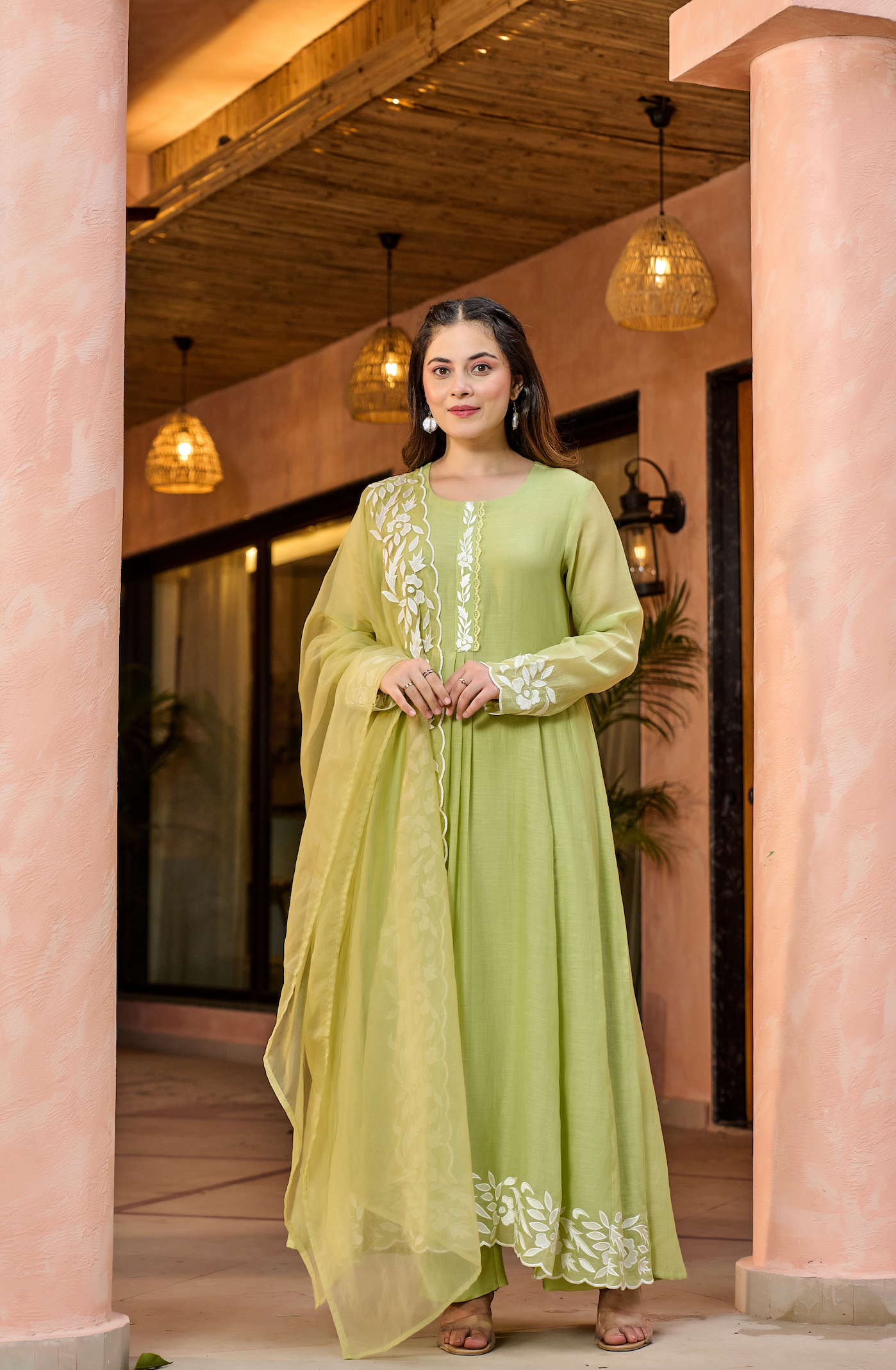 Pista Green Chanderi Silk Kurta Pant Set With Heavy Thread Embroidery Work