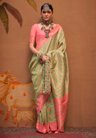 Pista Green Handloom Silk Saree With  Jacquard Woven Work