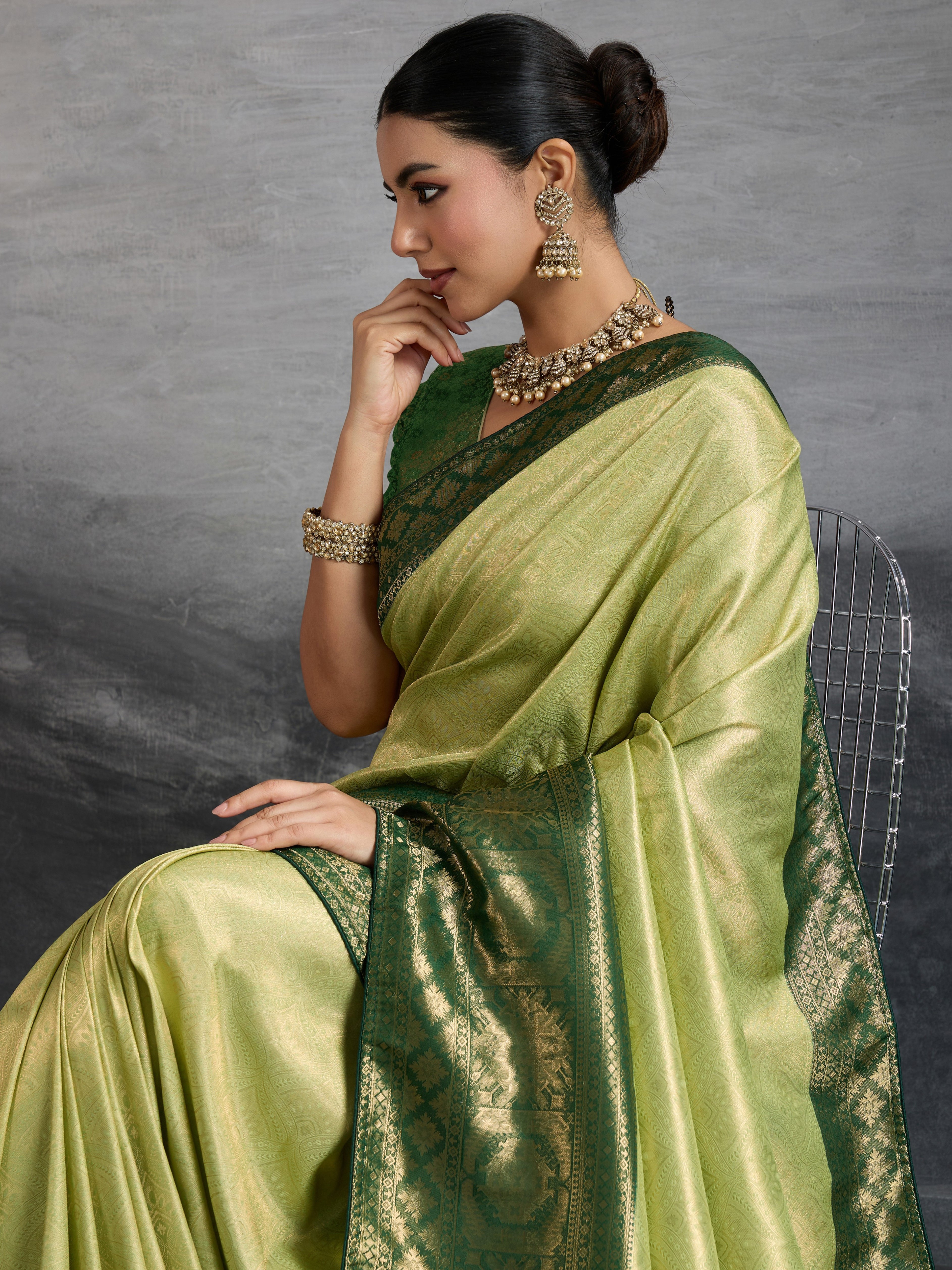 Pista Green Kanjivaram Soft Silk Saree with Zari Patta and Meenakari Pallu