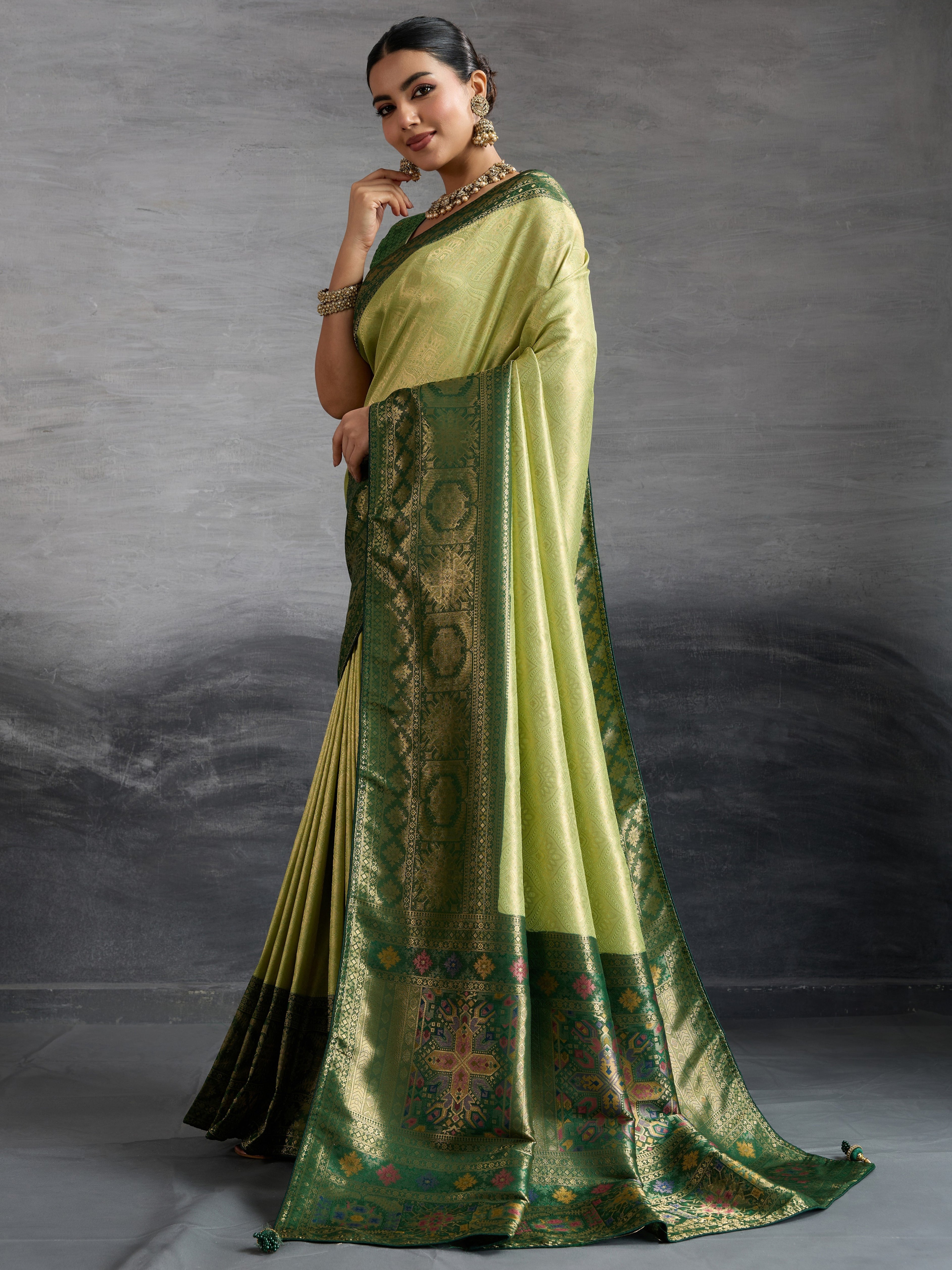 Pista Green Kanjivaram Soft Silk Saree with Zari Patta and Meenakari Pallu