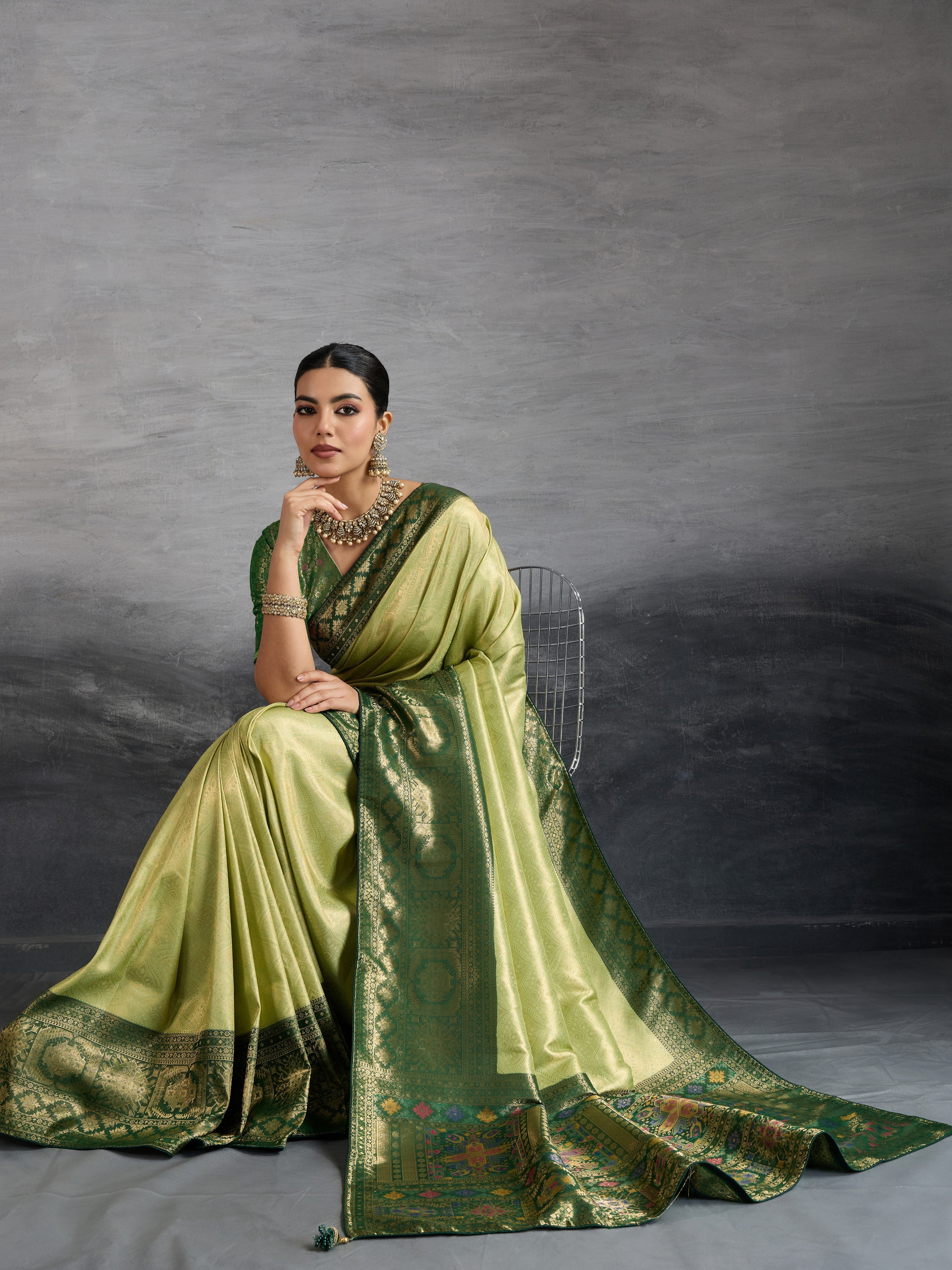 Pista Green Kanjivaram Soft Silk Saree with Zari Patta and Meenakari Pallu