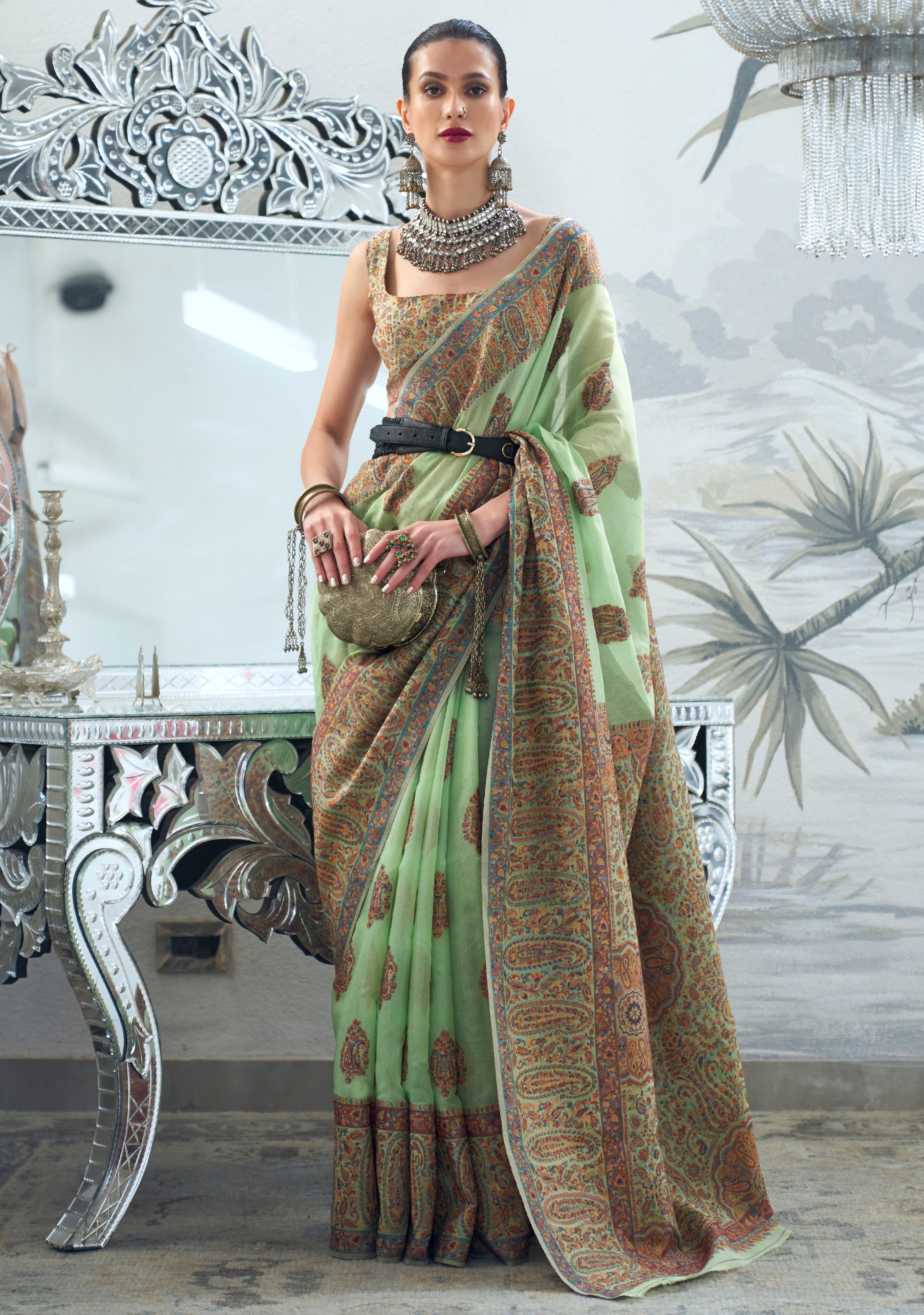 Pista Green Kashmiri Silk Saree with  Woven Work