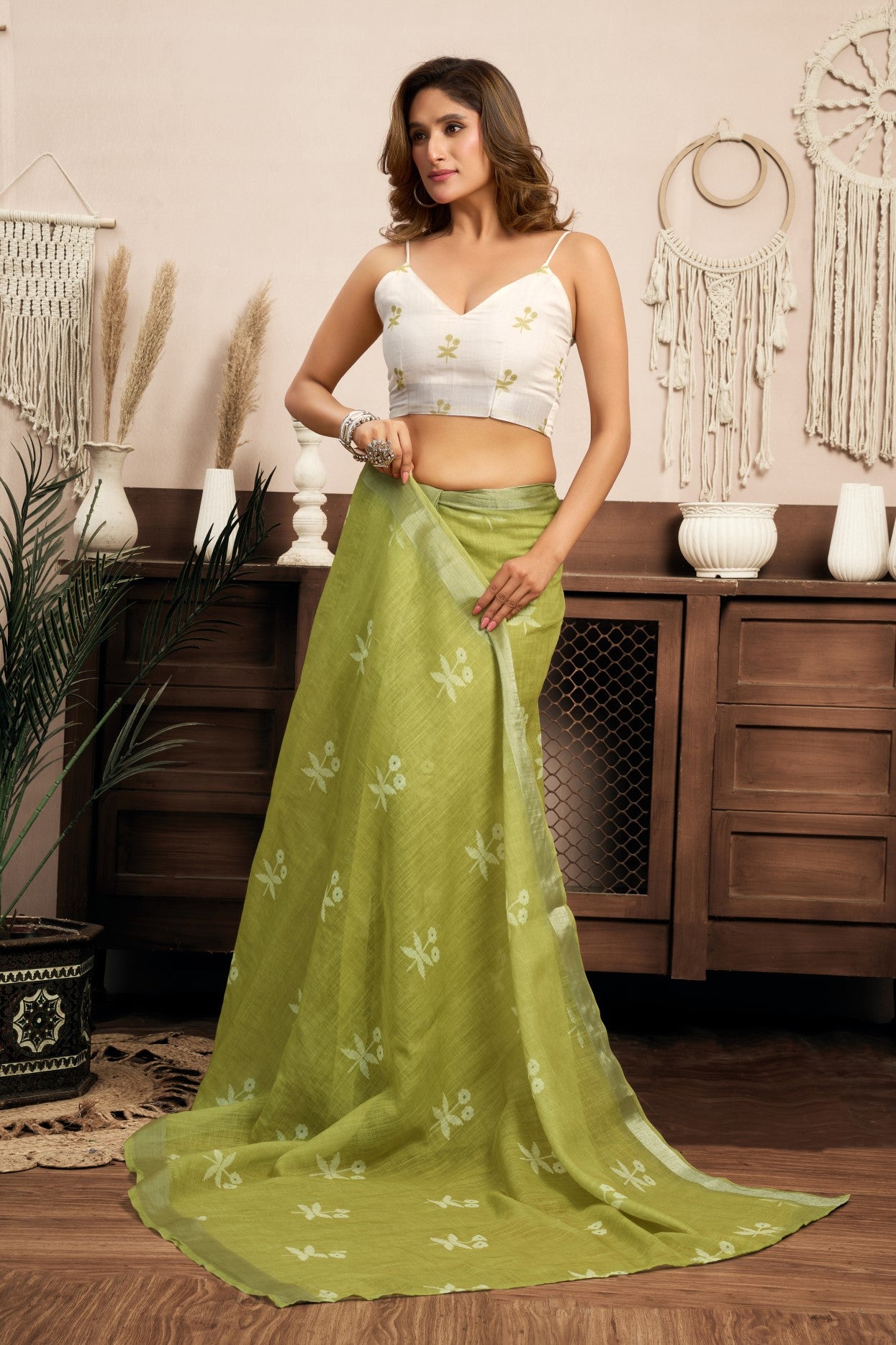 Pista Green Linen Ready To Wear Saree With Zari Border Printed