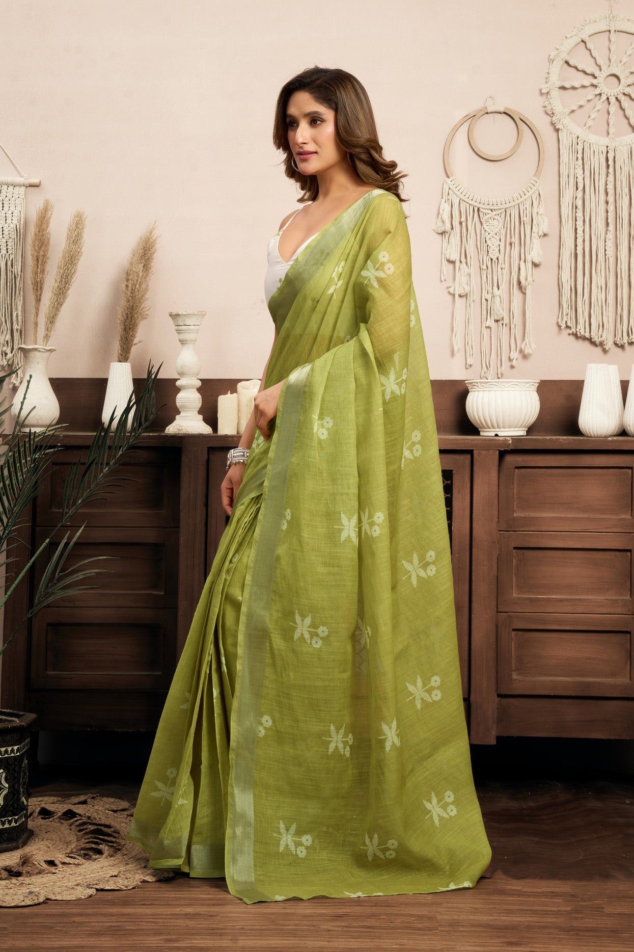 Pista Green Linen Ready To Wear Saree With Zari Border Printed