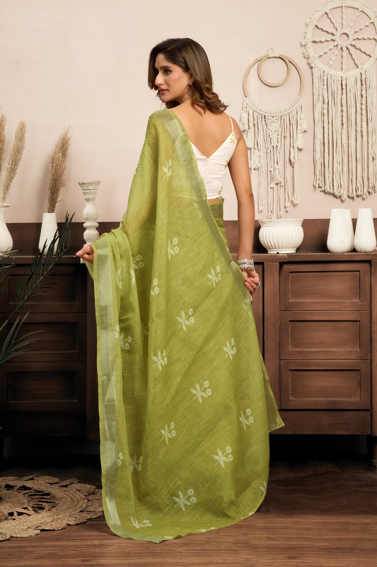 Pista Green Linen Ready To Wear Saree With Zari Border Printed