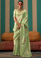 Pista Green Linen Saree With  Jacquard Woven Work