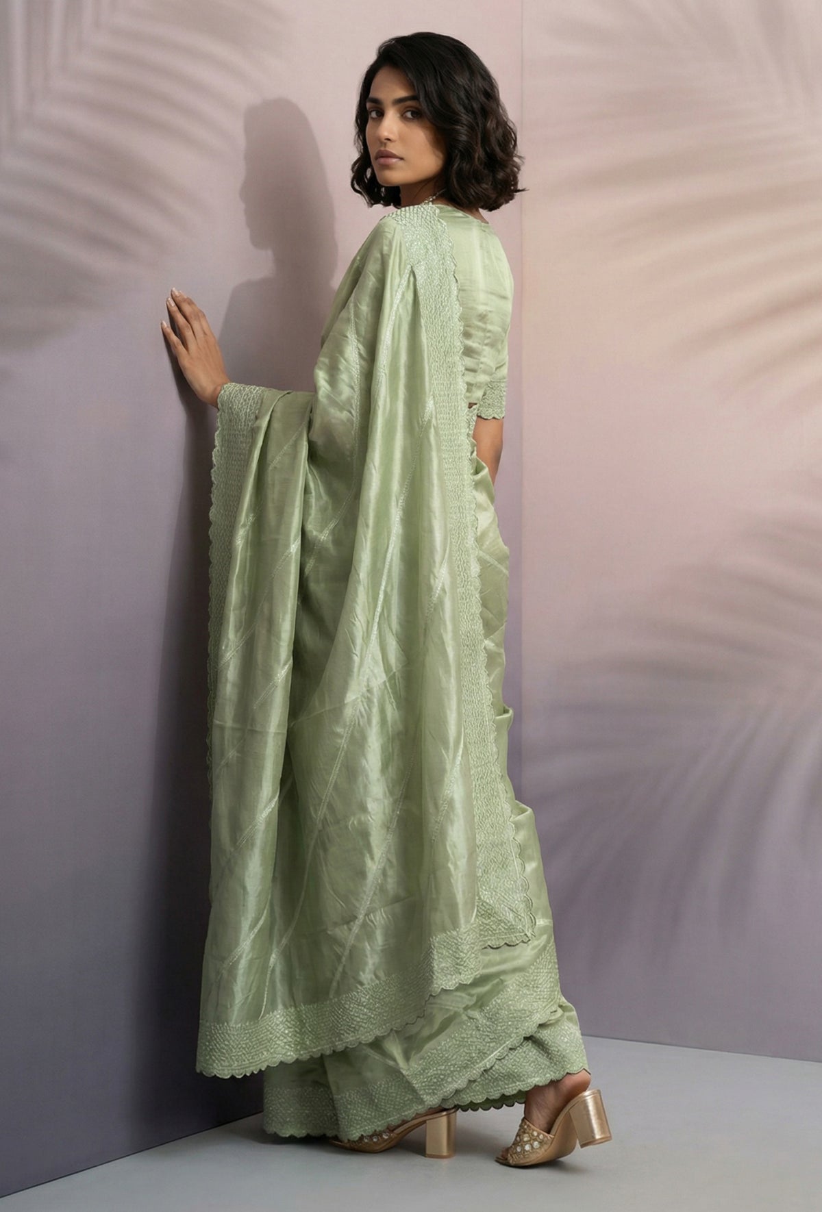 Pista Green Rasberry Silk Saree with Thread & Sequins Embroidery