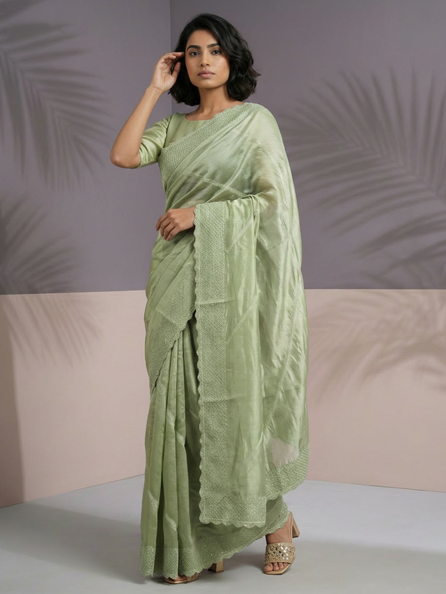 Pista Green Rasberry Silk Saree with Thread & Sequins Embroidery